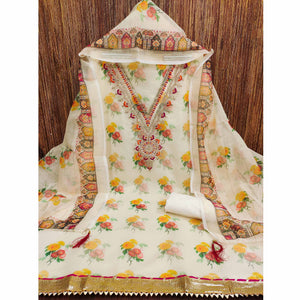 Cream Floral Digital Print Dress Material With Sequins & Cording Embroidery On Chanderi Silk