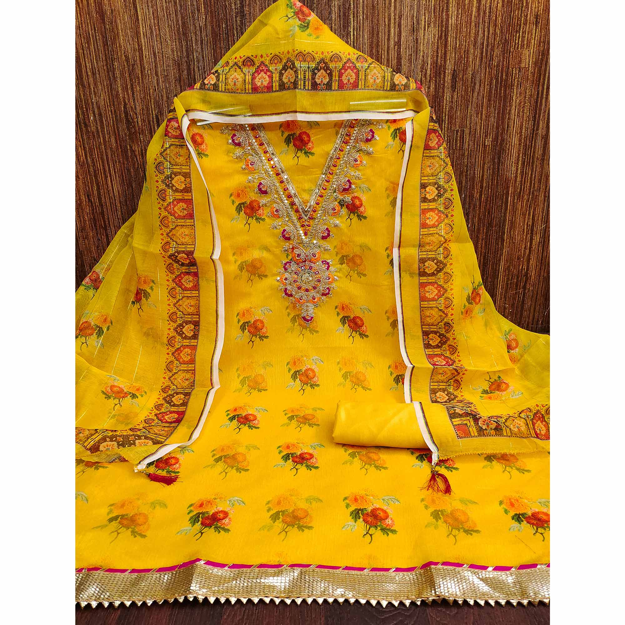 Yellow Floral Digital Print Dress Material With Sequins & Cording Embroidery On Chanderi Silk