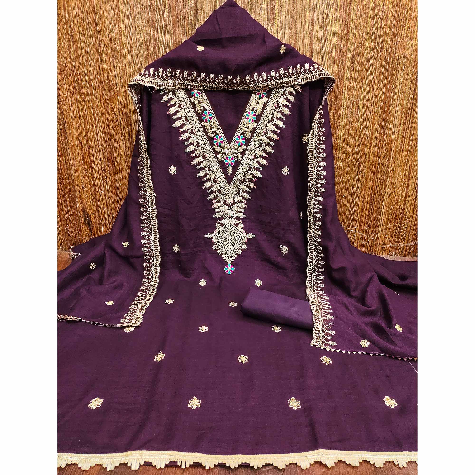 Wine Floral Printed Vichitra Silk Dress Material With Sequins & Cording Work