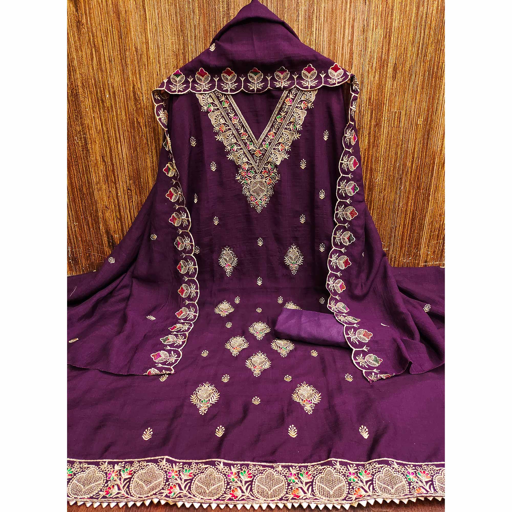 Wine Floral Vichitra Silk Dress Material With Elegant Zari Embroidery