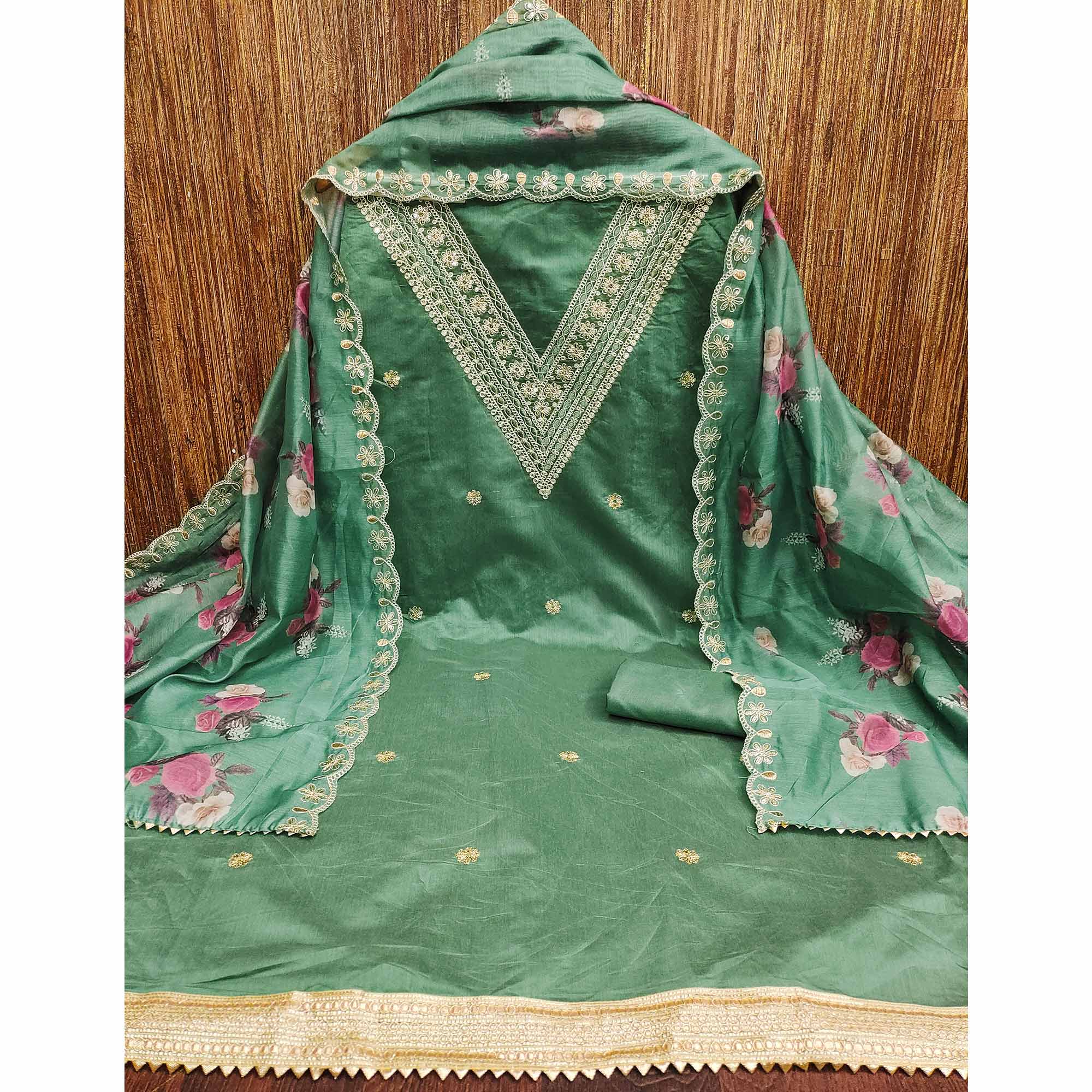 Green Floral Cording Embroidery With Sequins Work Chanderi Silk Dress Material
