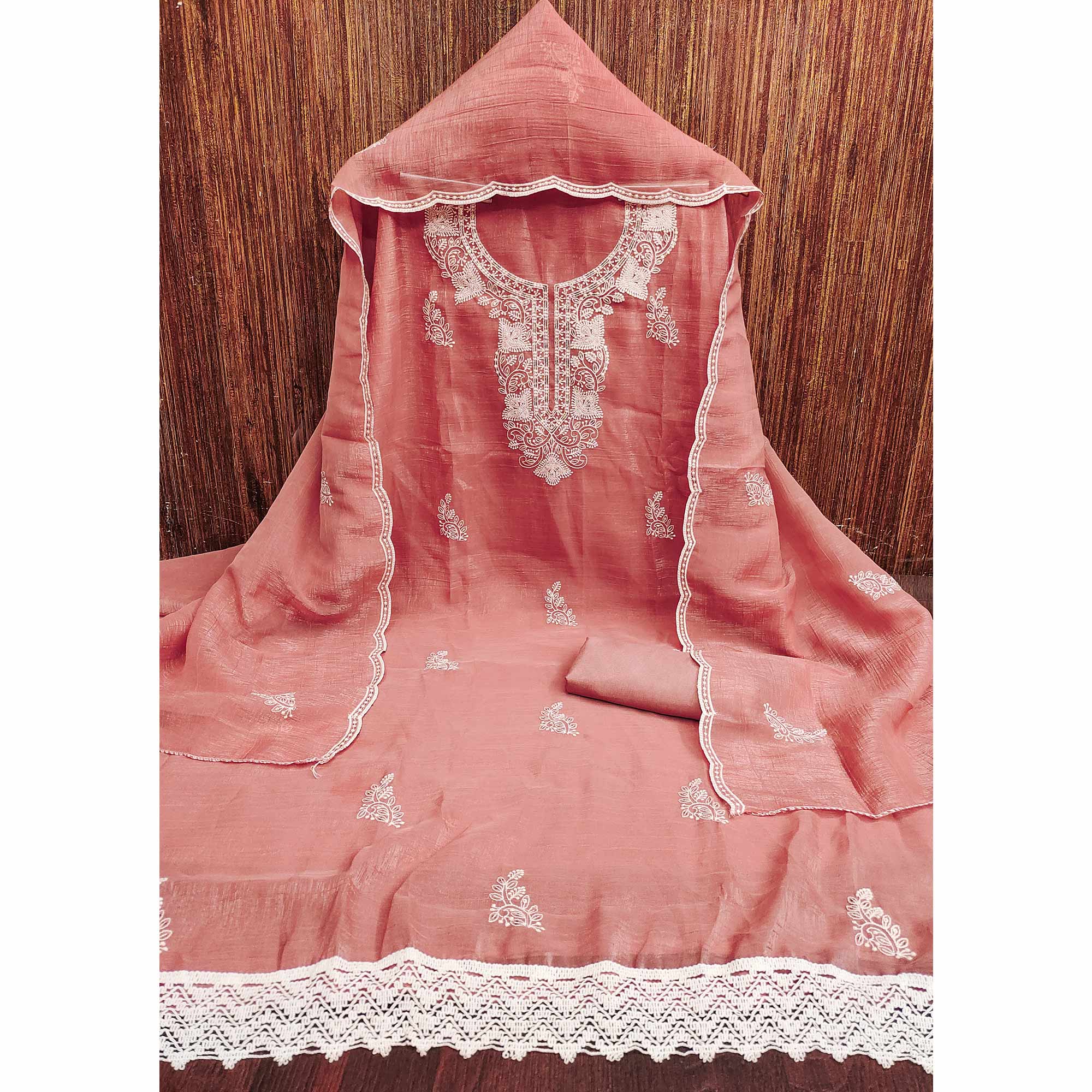 Peach Georgette Crunchy Silk Dress Material with Elegant Floral Thread Embroidery & Sequins Work