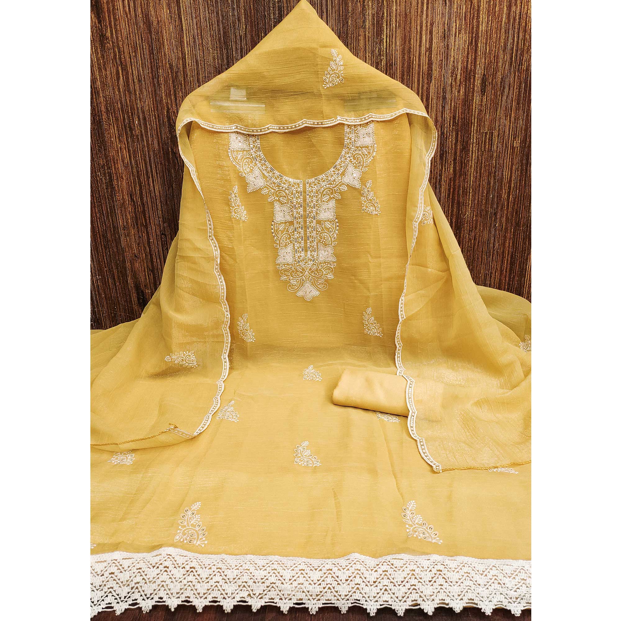 Yellow Georgette Crunchy Silk Dress Material with Elegant Floral Thread Embroidery & Sequins Work