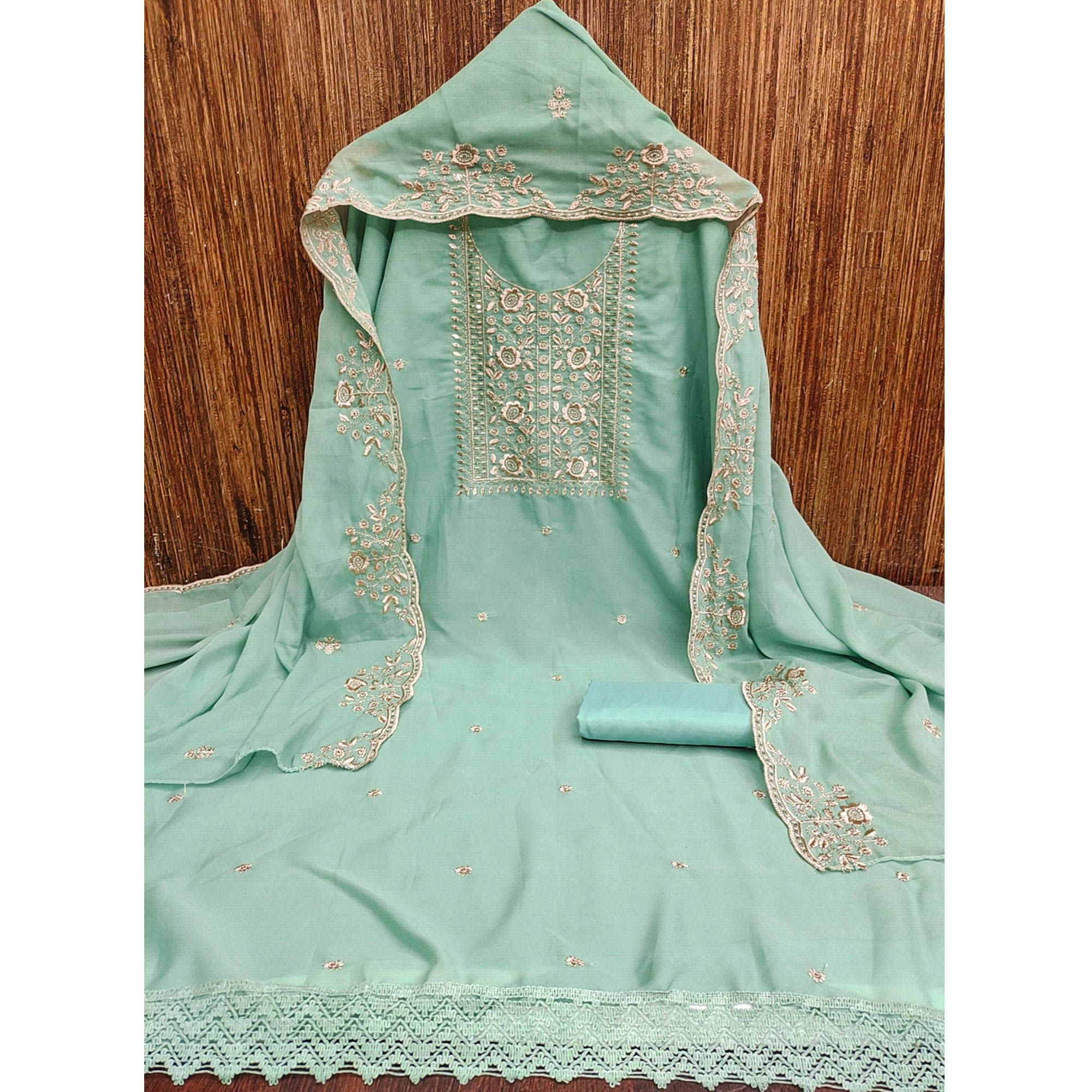 Turquoise Georgette Dress Material With Intricate Floral Zari Embroidery & Sequins Work