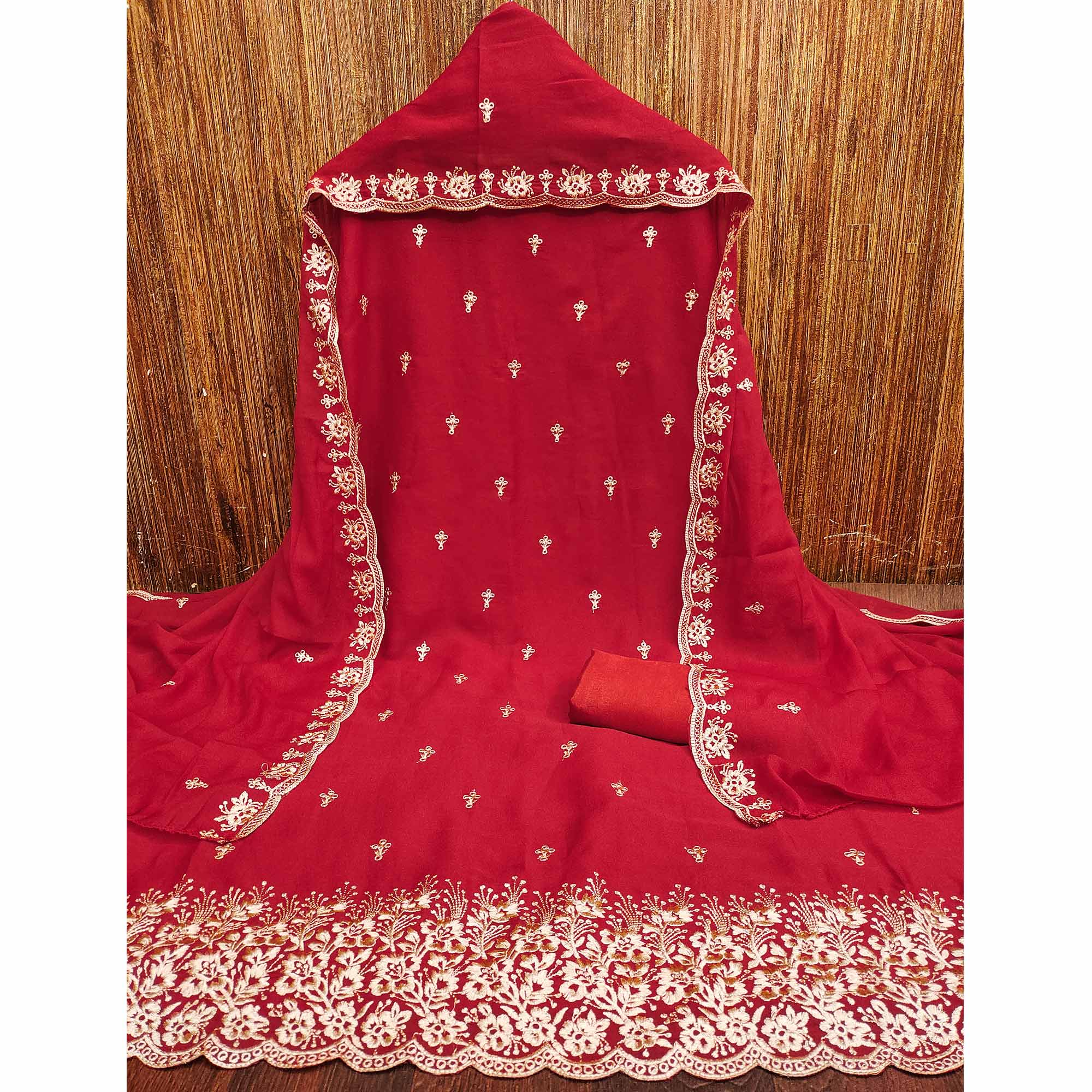 Red Georgette Dress Material With Delicate Floral Zari Embroidery