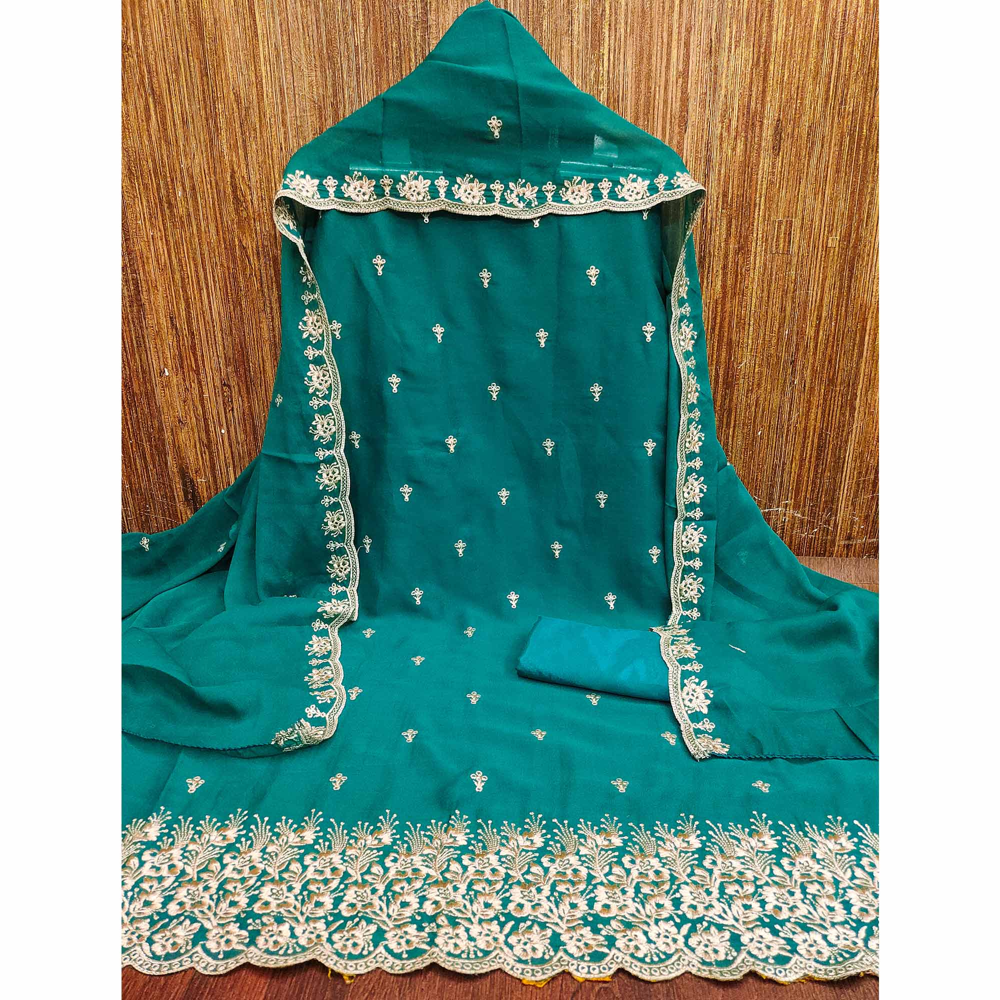 Teal Georgette Dress Material With Delicate Floral Zari Embroidery