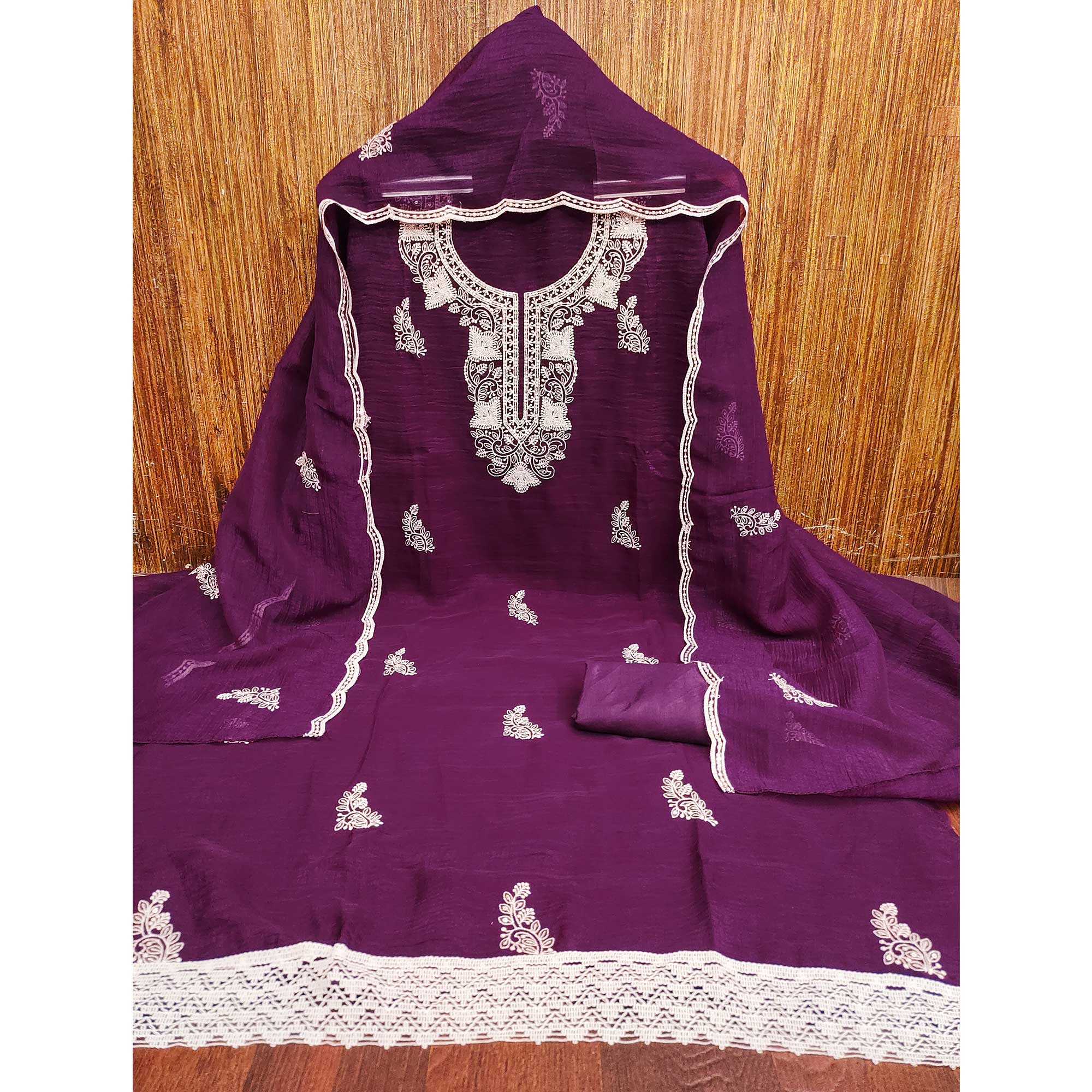 Wine Dress Material With Threaded Floral Embroidery & Sequins on Crunchy Silk Georgette