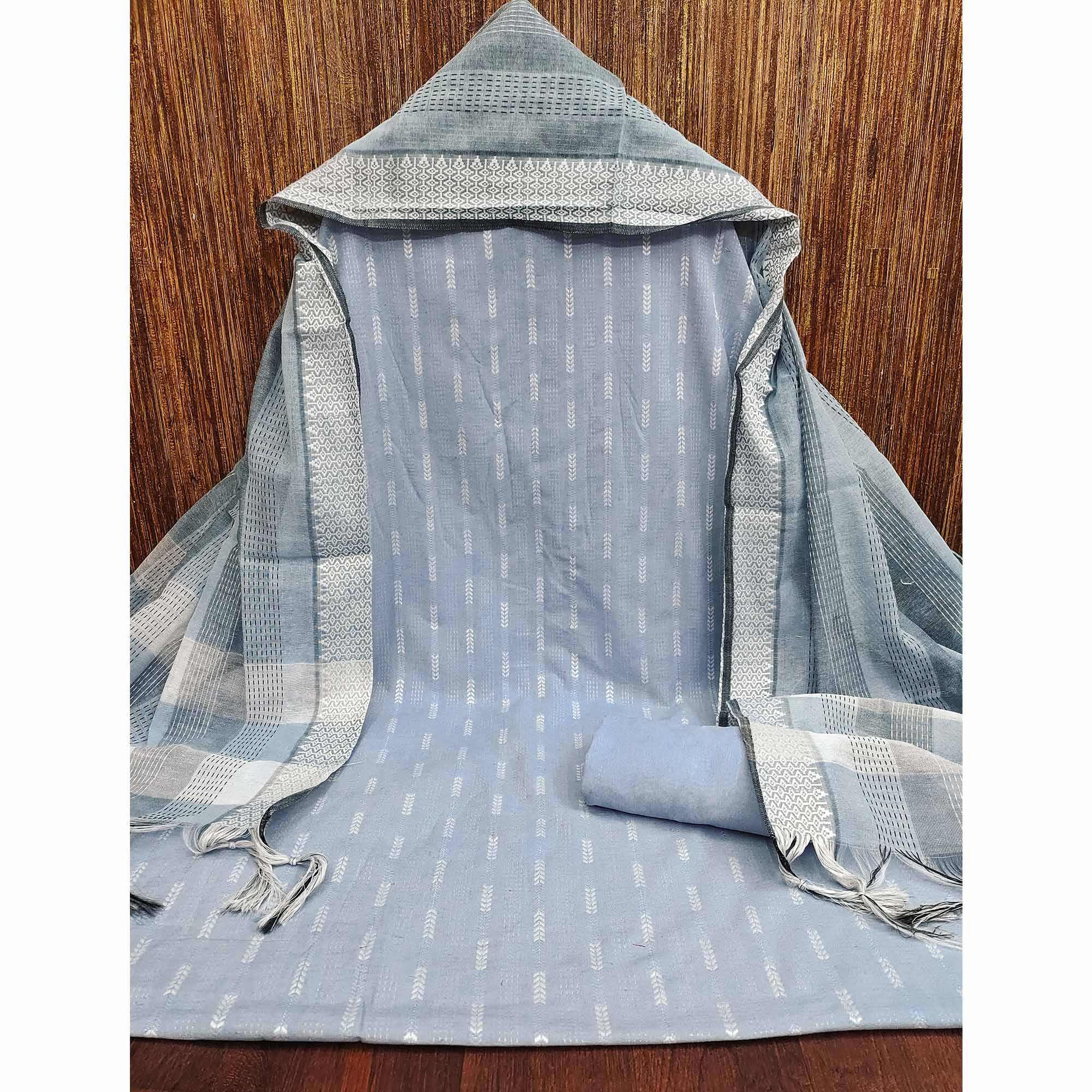 Graceful Grey Woven Work Dress Material In Poly Cotton Blend