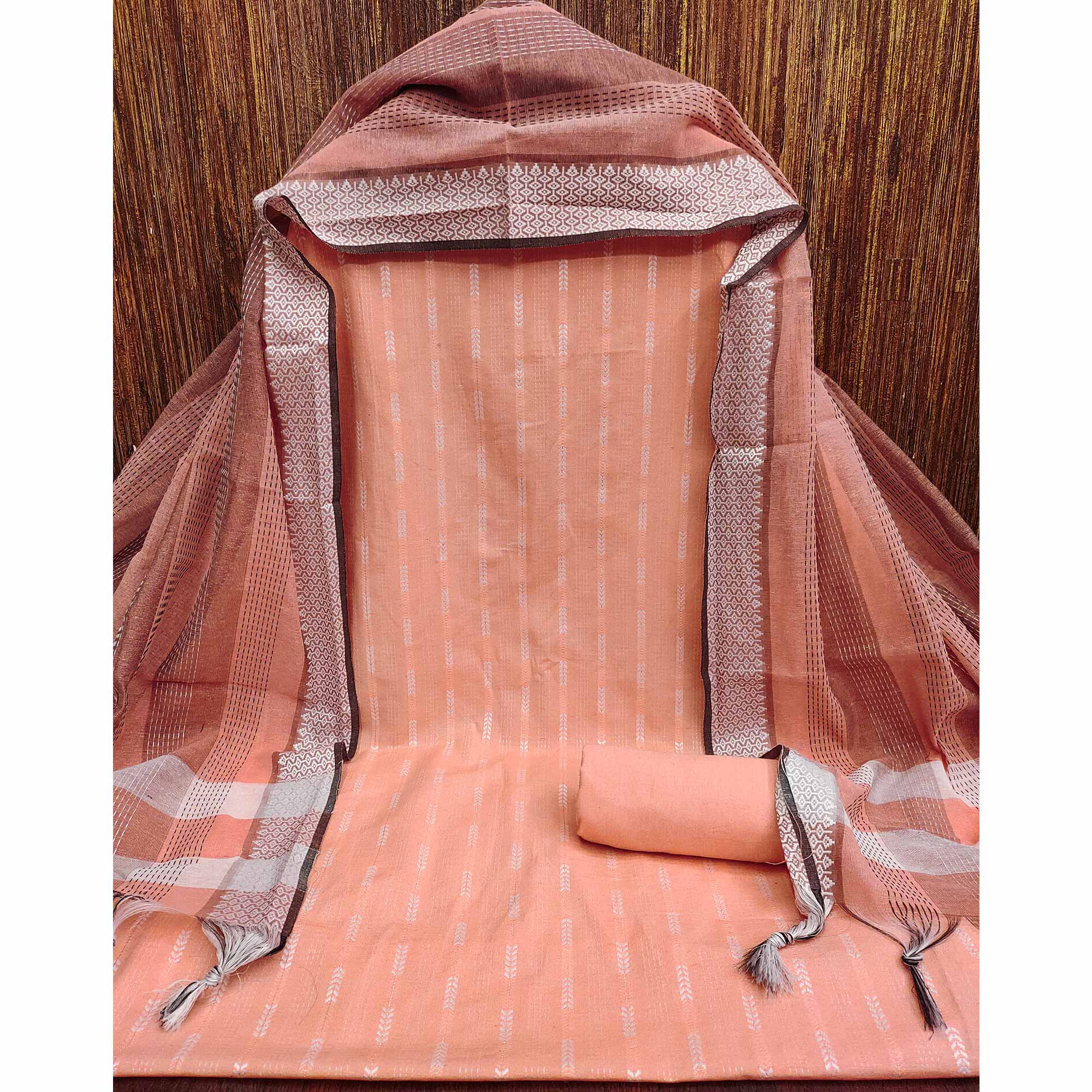 Charming Peach Woven Poly Cotton Blend Dress Material