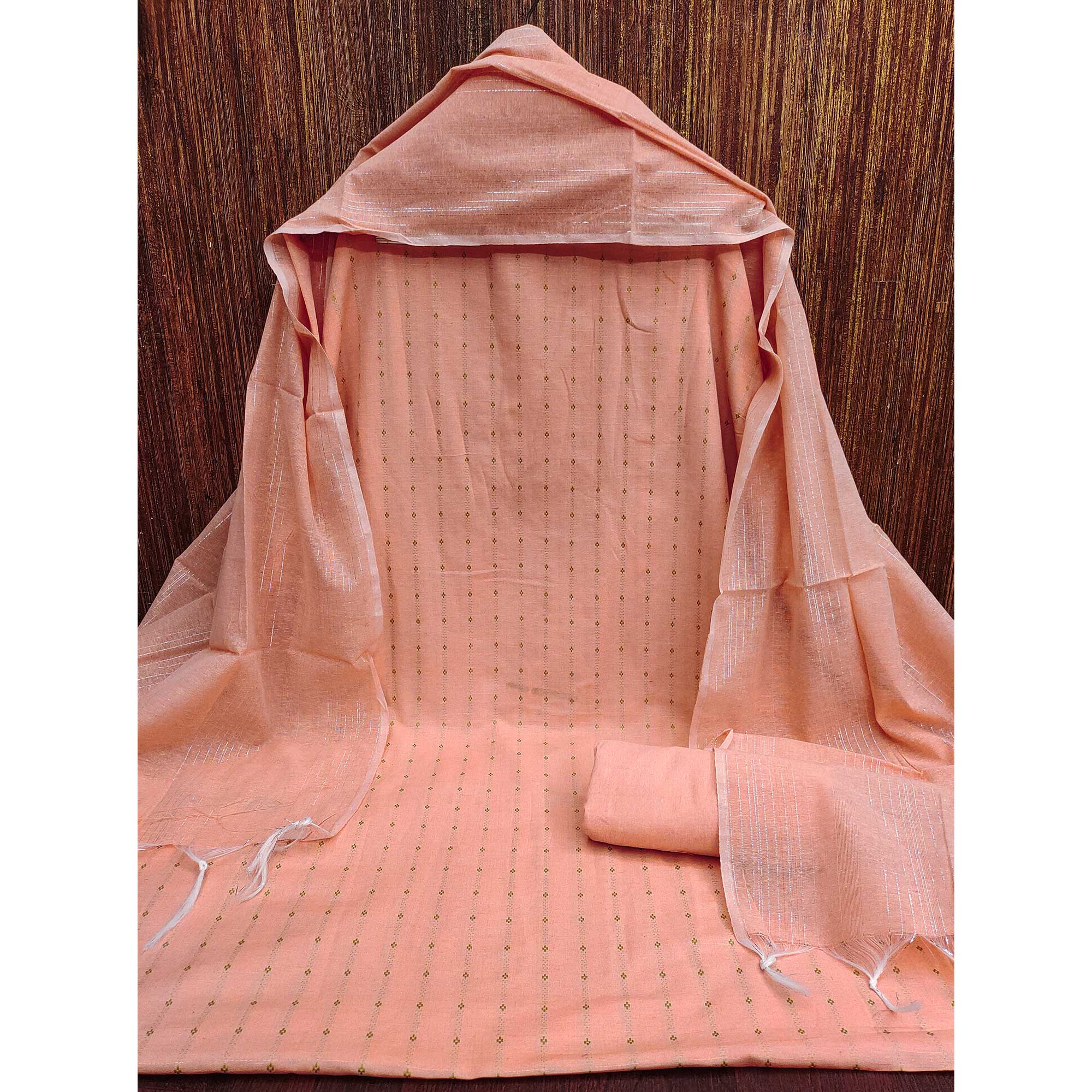 Vibrant Peach Woven Poly Cotton Blend Dress Material