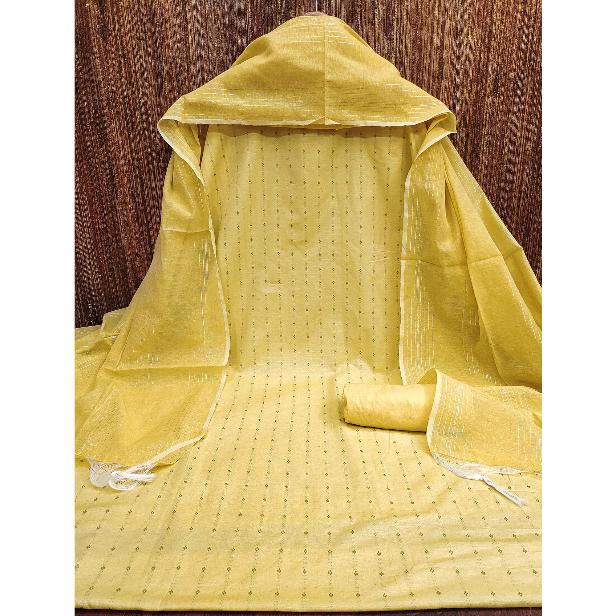 Elegant Yellow Woven Poly Cotton Blend Dress Material