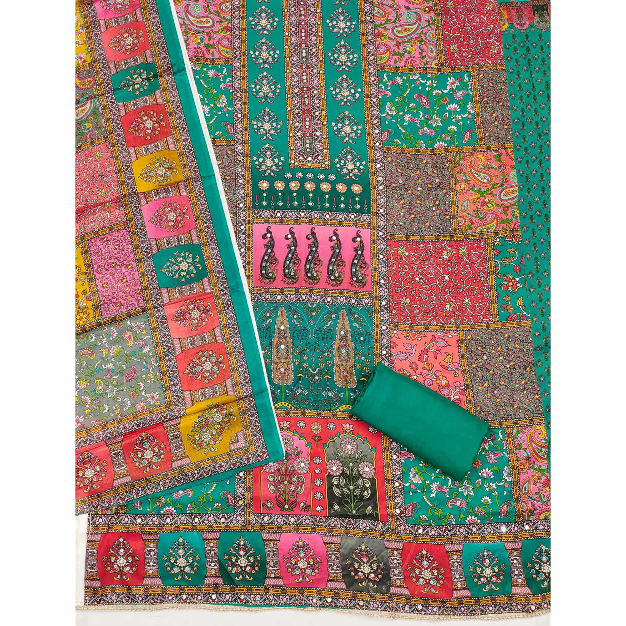 Rama Green Pakistani Dress Material Featuring Soft Chinon Fabric and Timeless Floral Prints