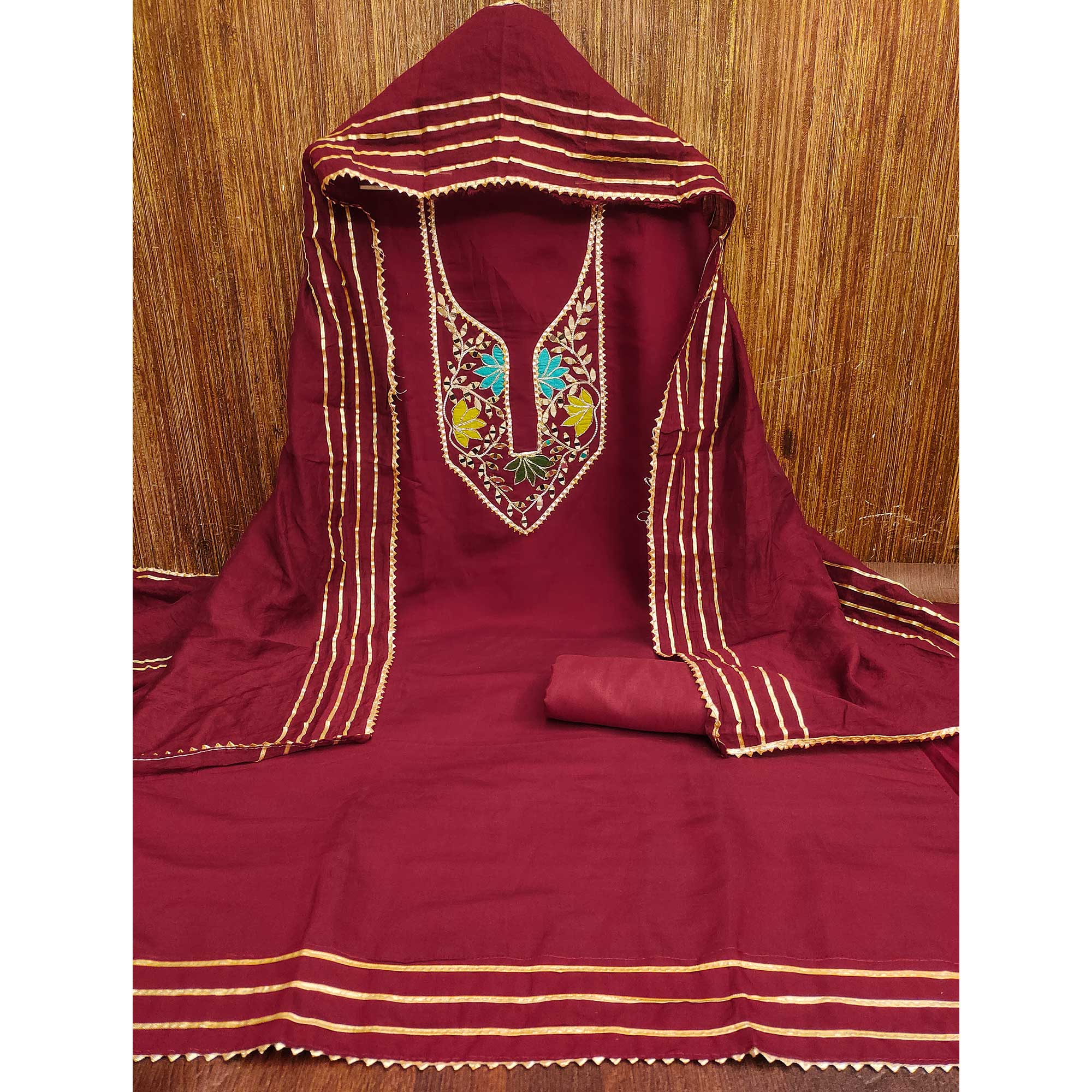 Maroon Floral Embroidery Chanderi Cotton Dress Material Embellished With Mirror & Gota Patti