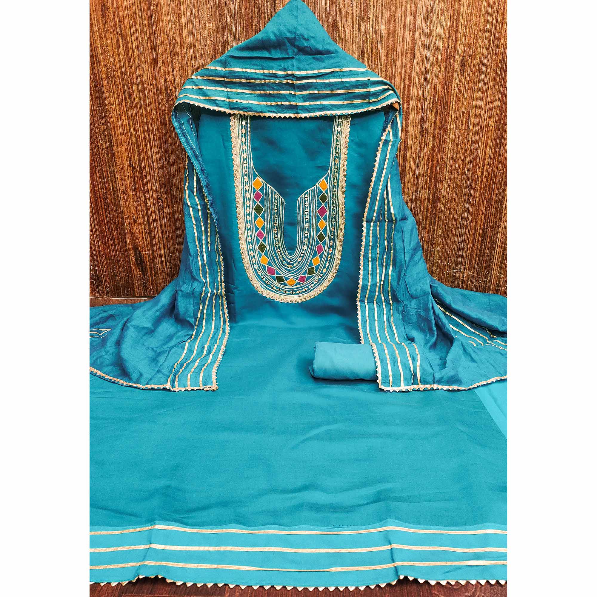 Blue Embroidered Chanderi Cotton Dress Material With Reflective Mirror & Gota Patti Work