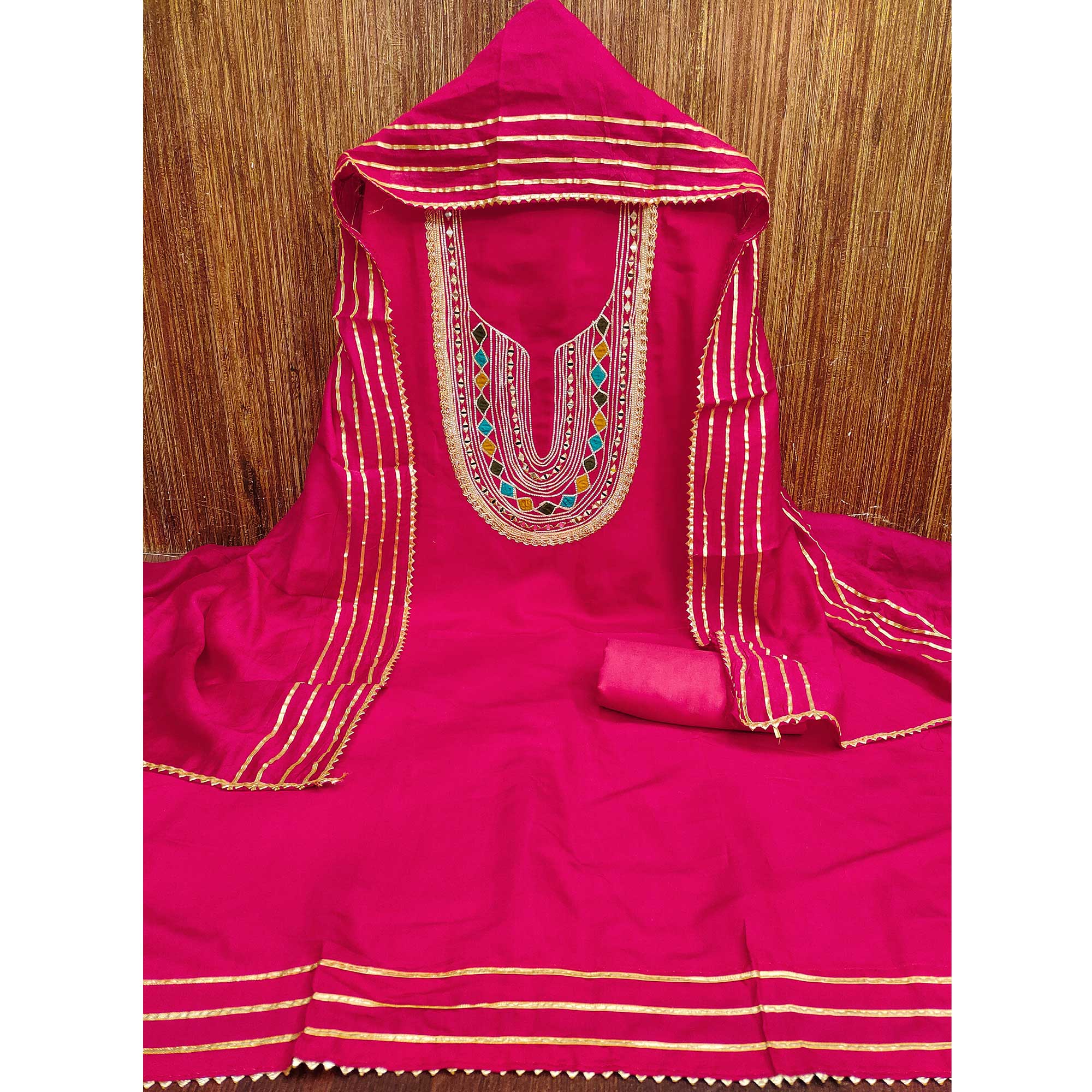 Rani Pink Embroidered Chanderi Cotton Dress Material With Reflective Mirror & Gota Patti Work