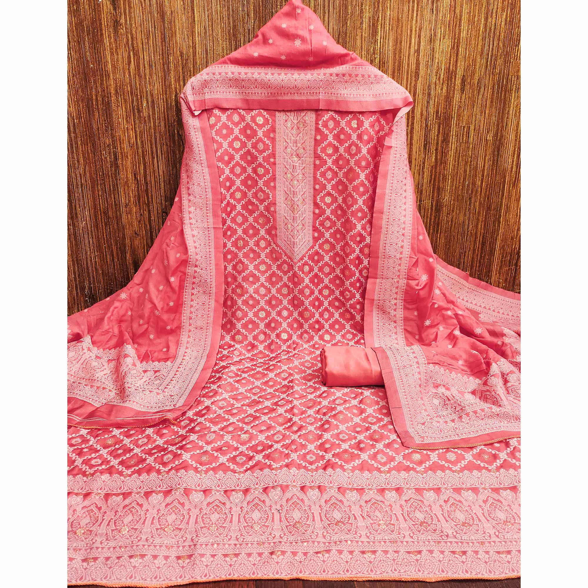 Banarasi Inspired Pink Jacquard Fabric for Elegant Ensembles