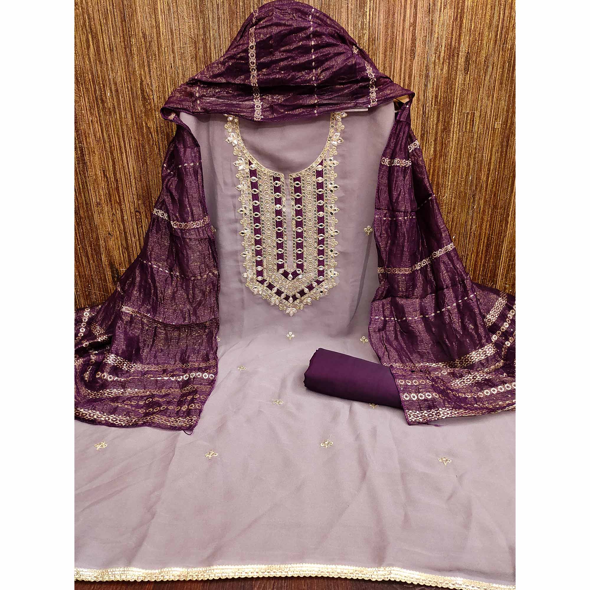 Lavender Georgette Suit Material with Beautiful Thread Work Embroidery