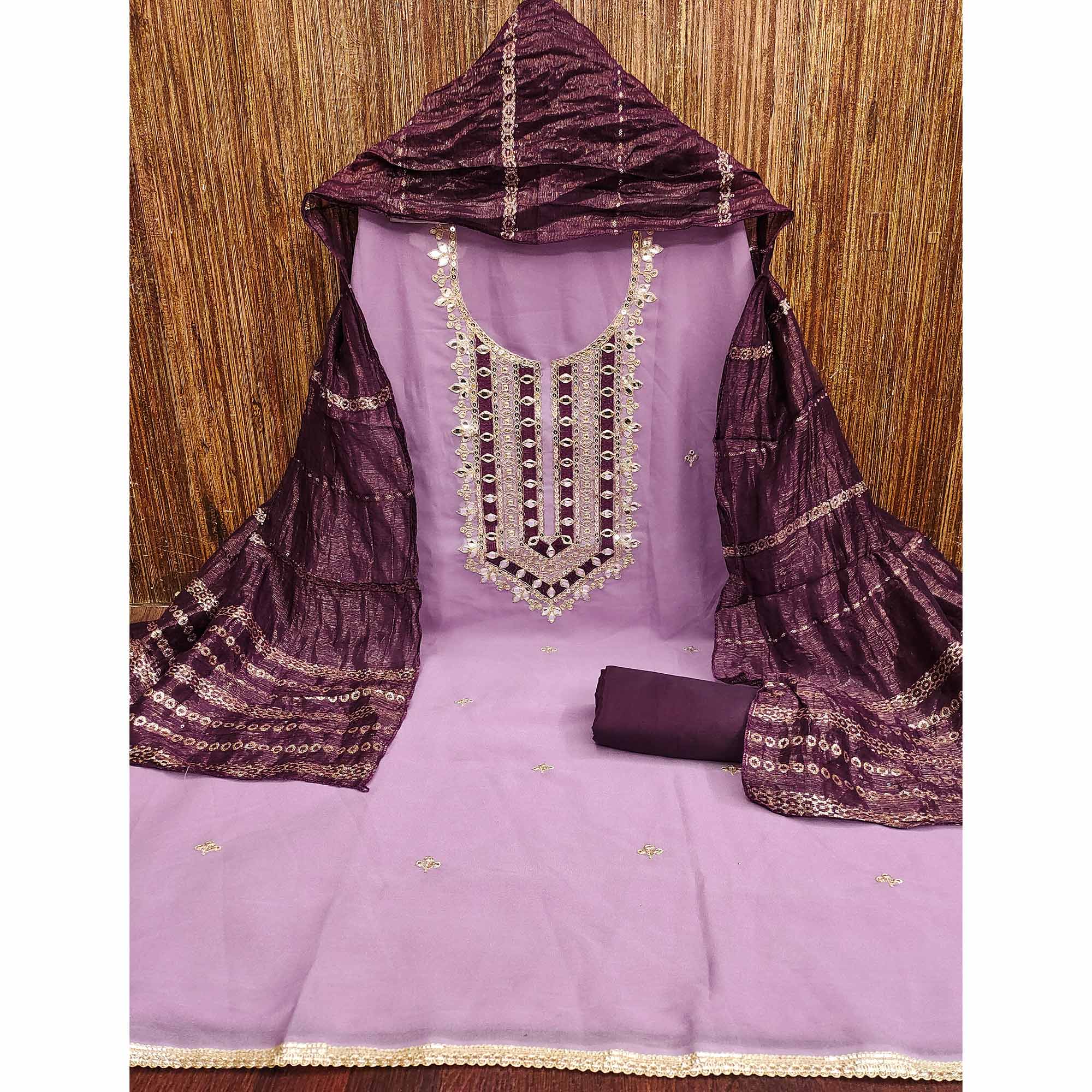 Purple Georgette Suit Material with Beautiful Thread Work Embroidery