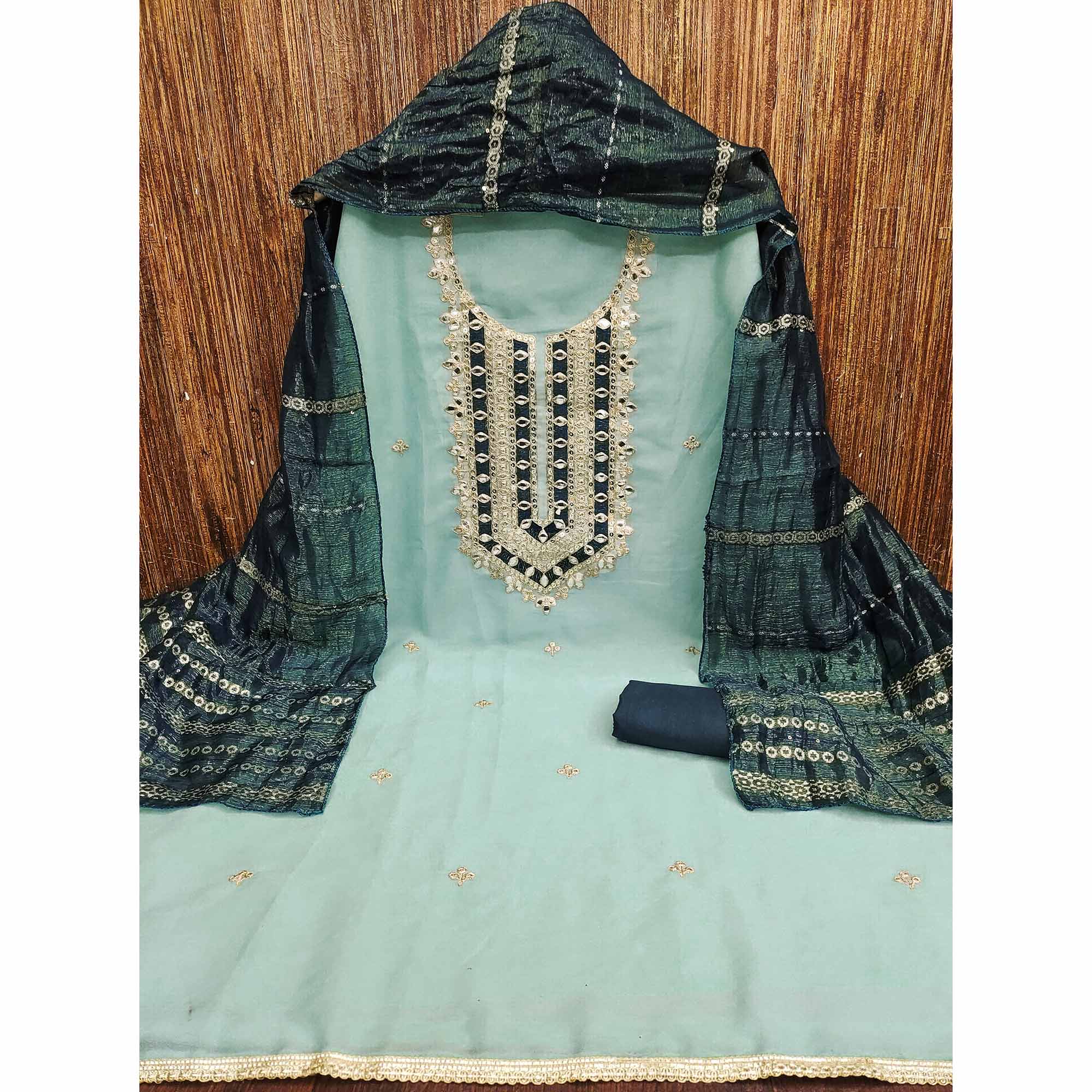 Sea Green Georgette Suit Material with Beautiful Thread Work Embroidery