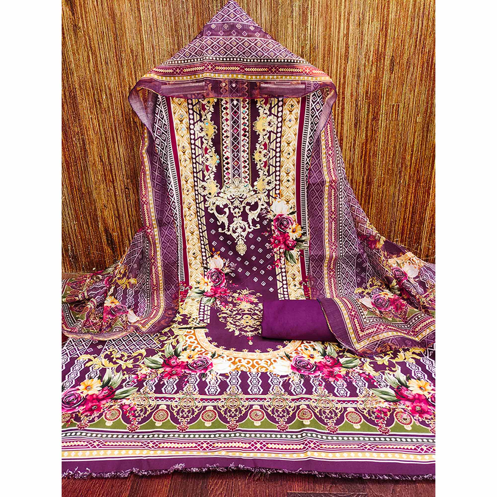 Purple Dress Material in Rayon with Delicate Floral Patterns