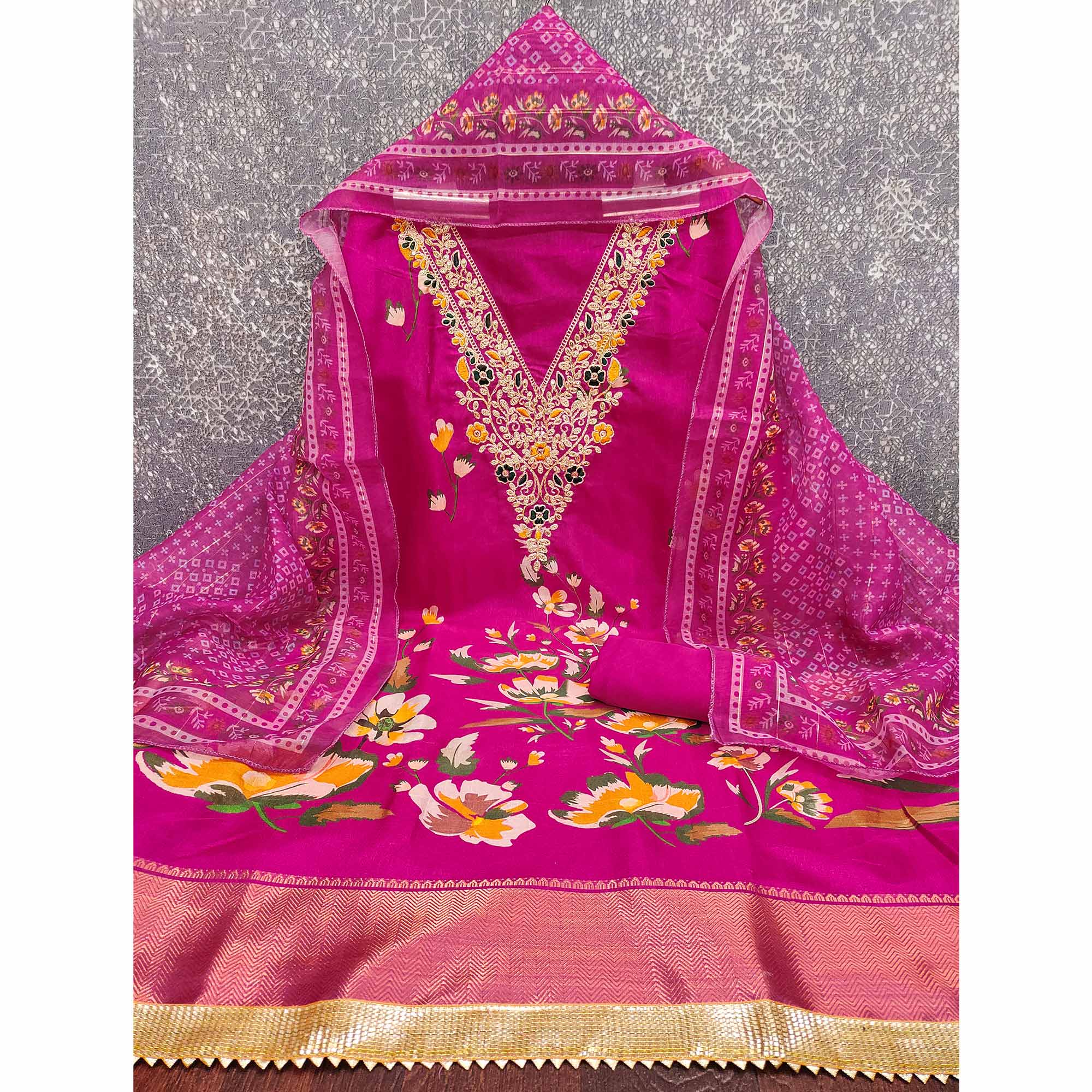 Pink Chanderi Silk Dress Material With Alluring Floral Digital Print & Delicate Cording Embroidery