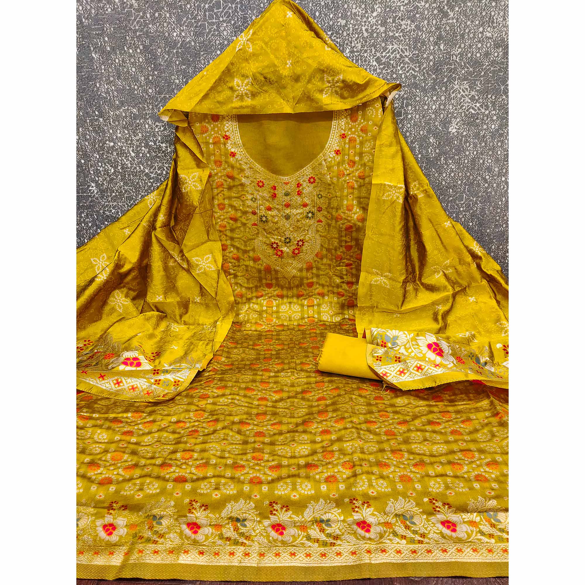Mustard Banarasi Silk Jacquard Dress Material Adorned With Intricate Floral Zari Weaving