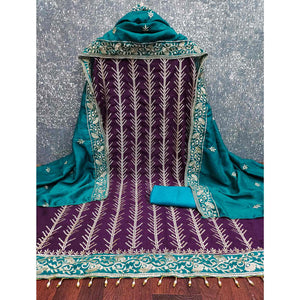 Purple Vichitra Silk Dress Material Featuring Graceful Floral Embroidery Work