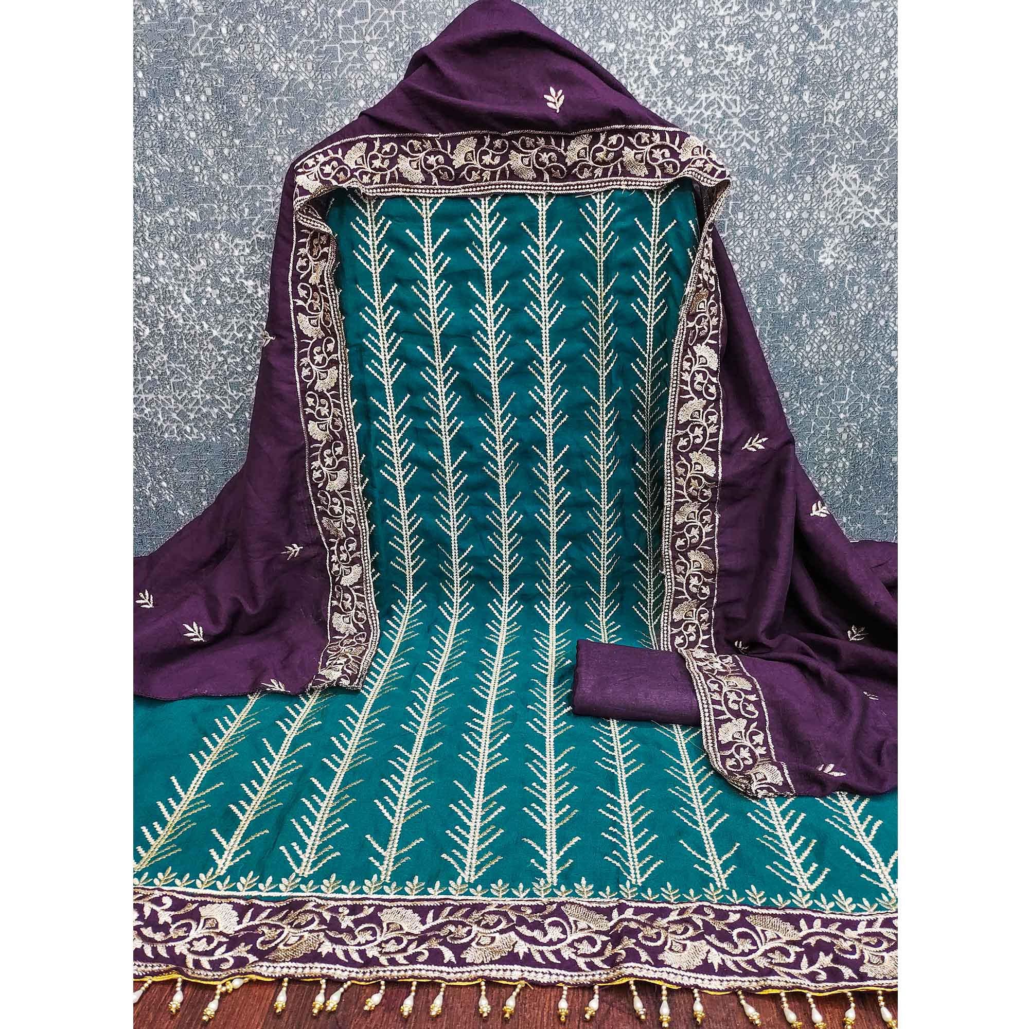 Teal Vichitra Silk Dress Material Featuring Graceful Floral Embroidery Work