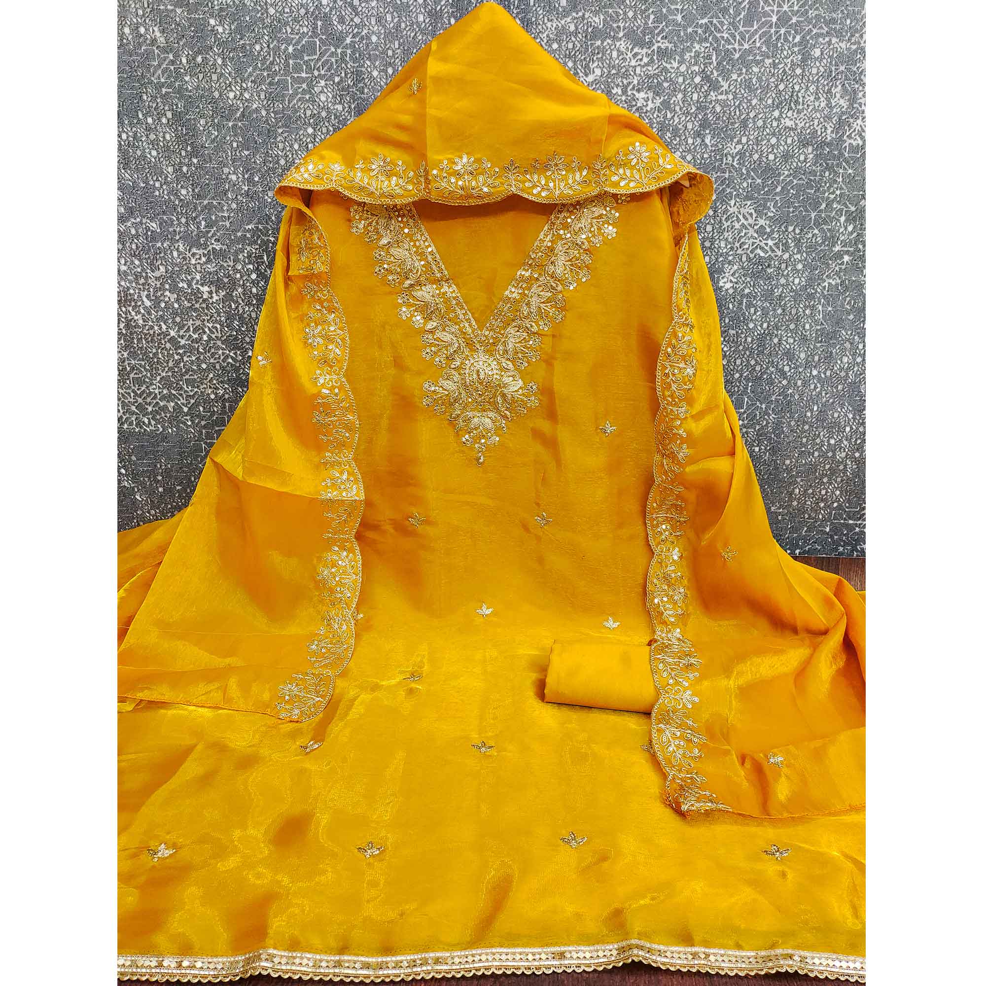 Yellow Organza Dress Material With Elegant Thread Embroidery