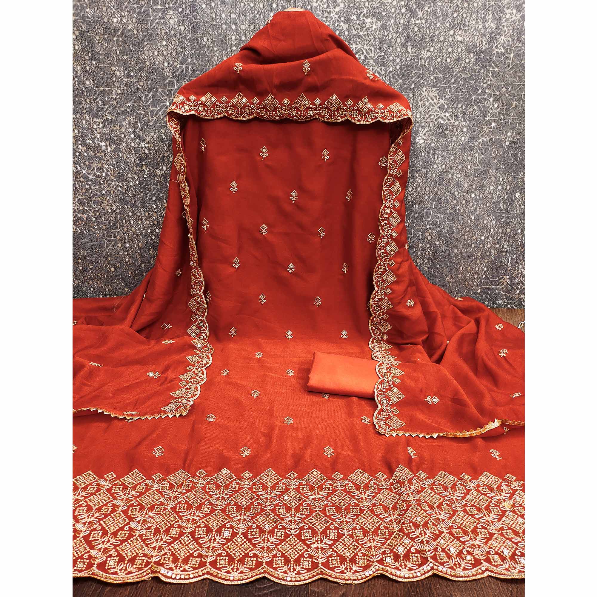 Orange Vichitra Silk Dress Material Featuring Intricate Floral Embroidery & Sequins Work