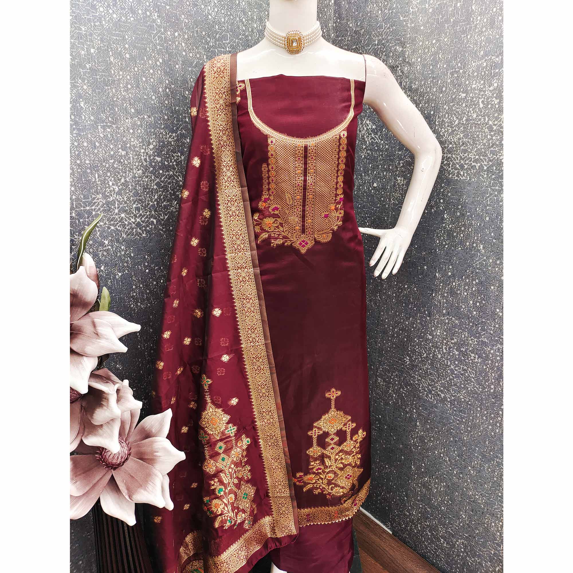 Maroon Organza Silk Dress Material Adorned With Exquisite Floral Zari Weaving Work