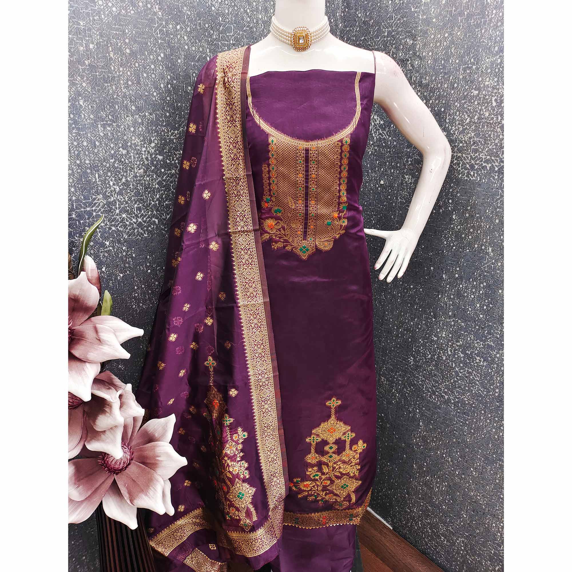 Wine Organza Silk Dress Material Adorned With Exquisite Floral Zari Weaving Work