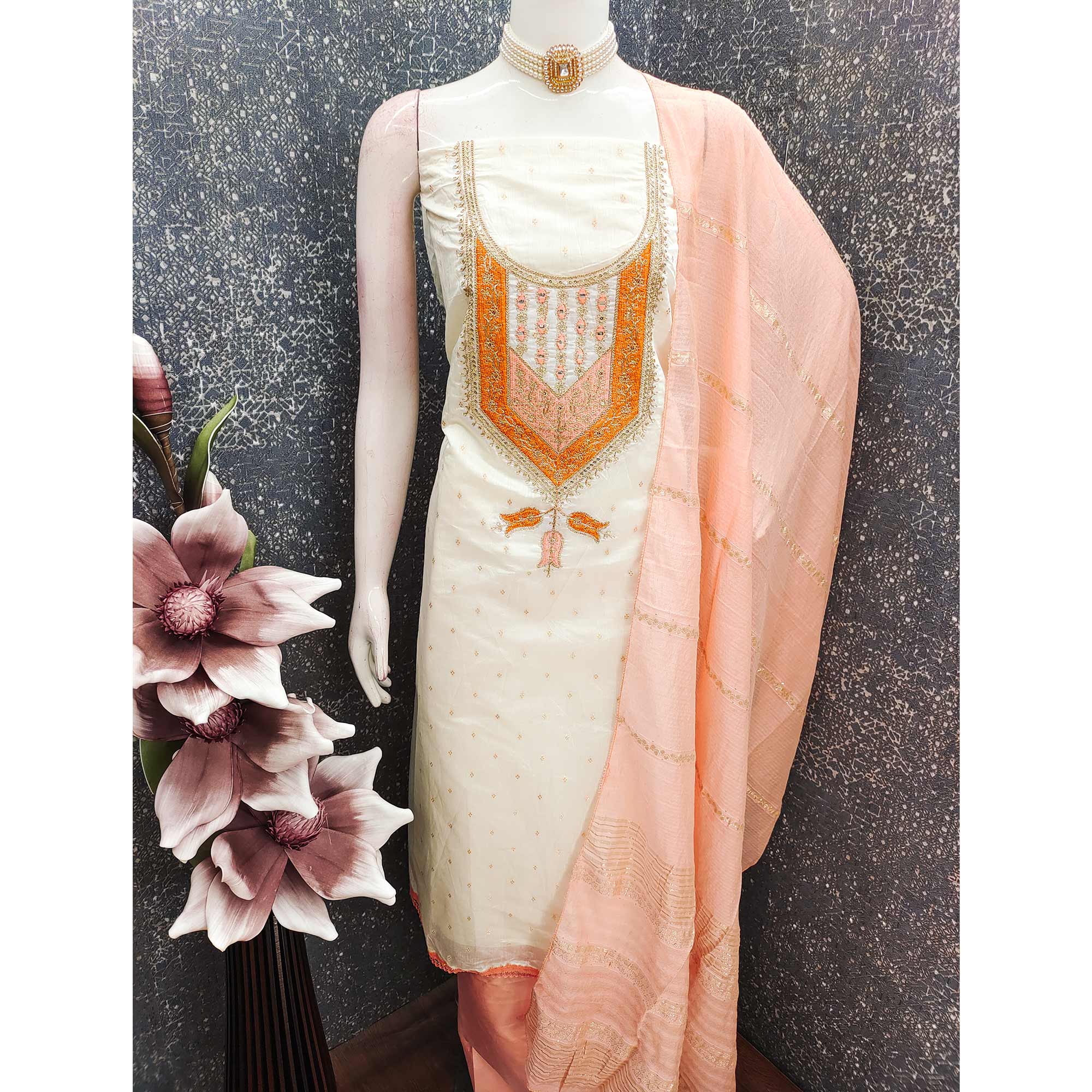 OffWhite & Peach Floral Cording & Sequins Embroidered With Butti Chanderi Silk Dress Material