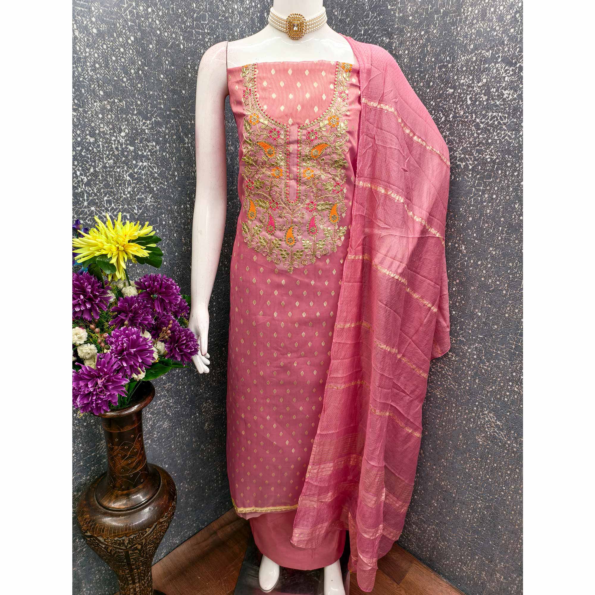 Pink Woven Shimmer Dress Material Featuring Sequins Embroidery & Gota Patti Accents