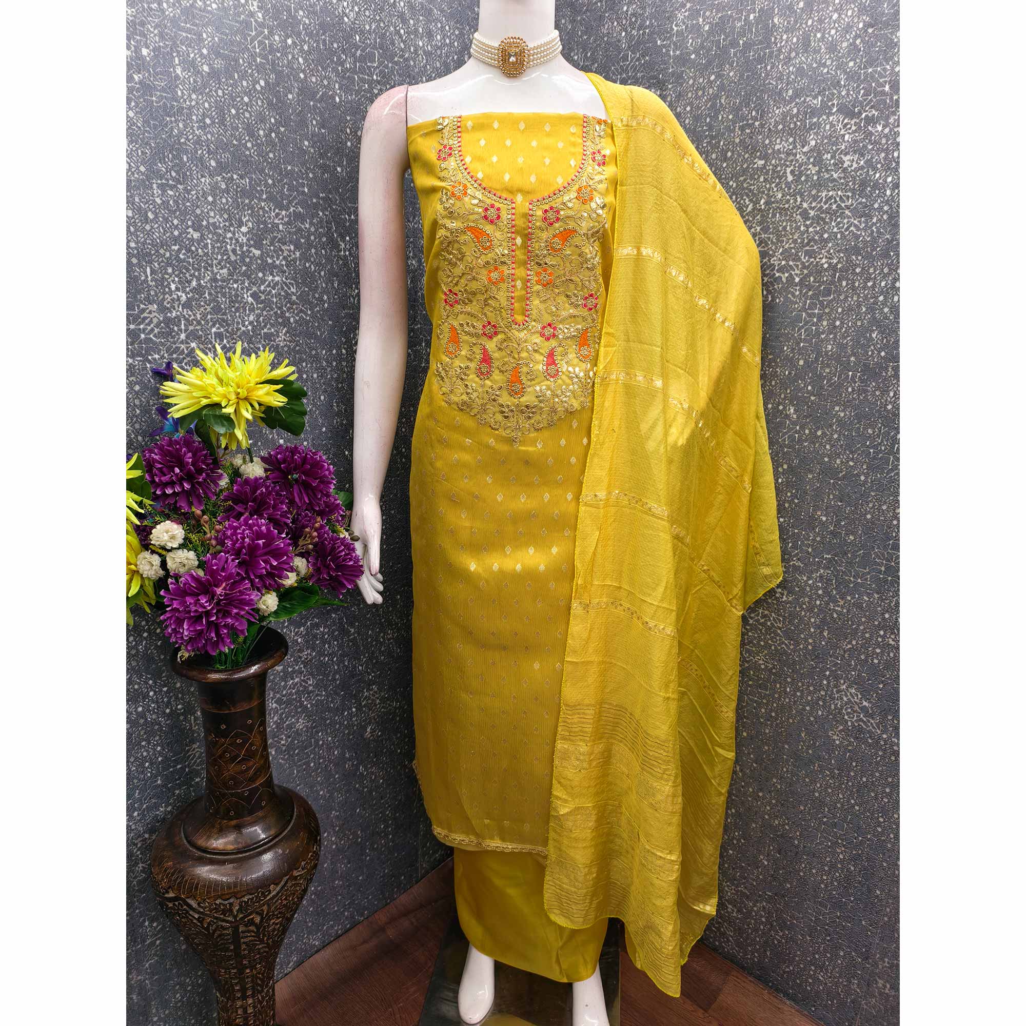 Yellow Woven Shimmer Dress Material Featuring Sequins Embroidery & Gota Patti Accents