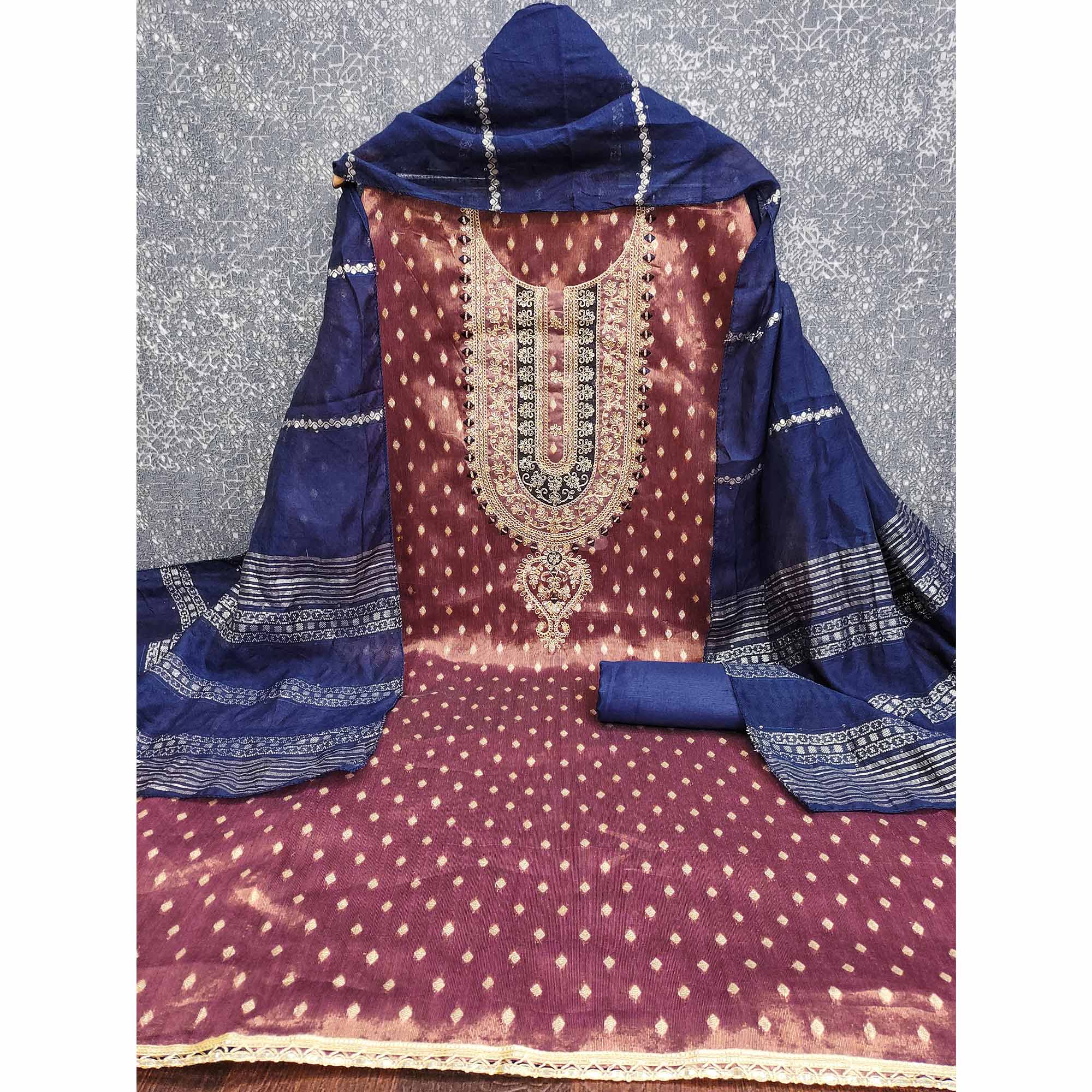 Wine Butti Jacquard Shimmer Dress Material Enhanced With Sequins Cording Embroidery