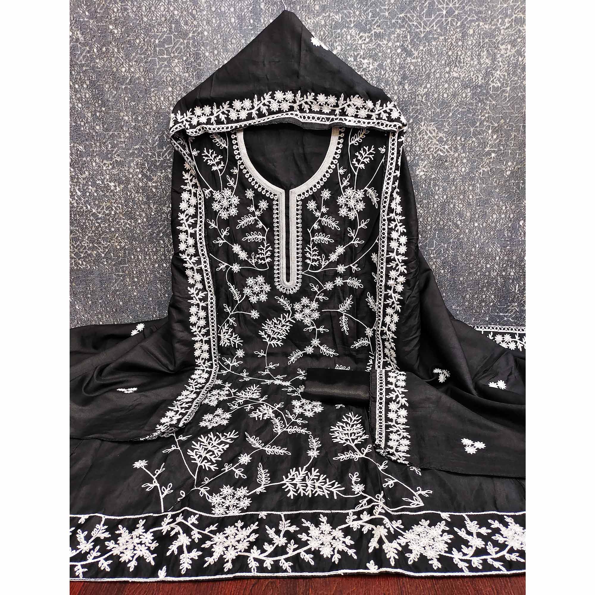 Black Art Silk Dress Material Adorned With Floral Thread Embroidery Work