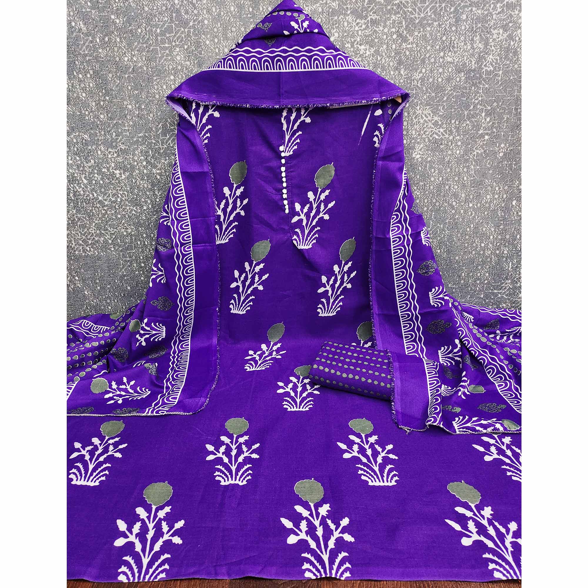 Royal Purple Cotton Blend Dress Material Designed With Beautiful Floral Prints