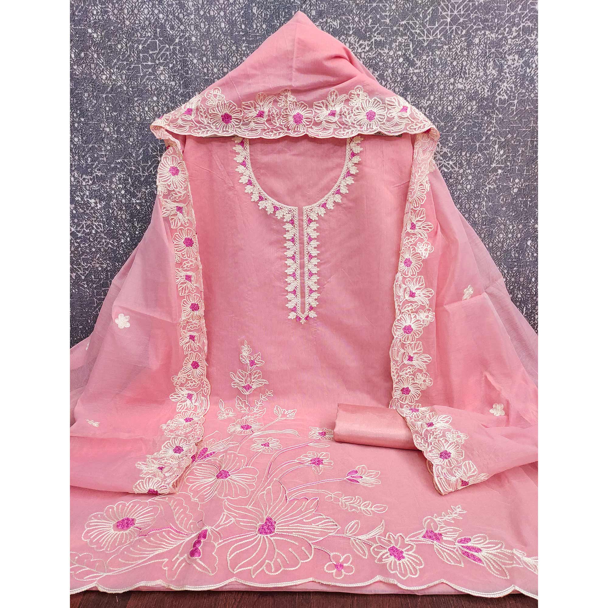 Baby Pink Chanderi Silk Dress Material Enhanced With Floral Thread Embroidered Work