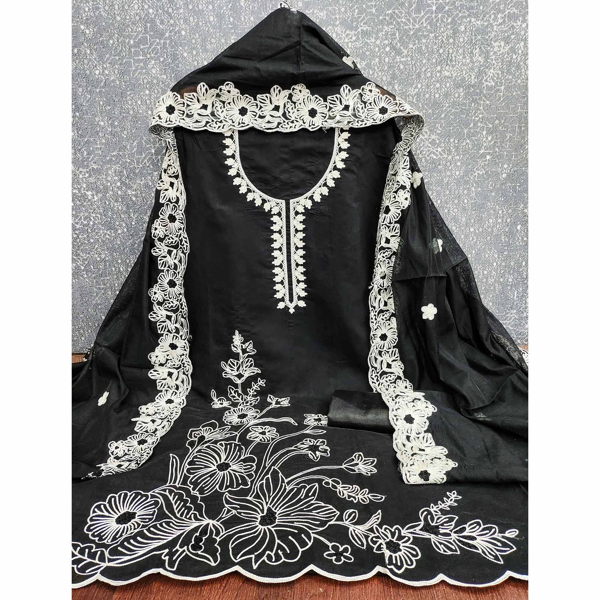 Black Chanderi Silk Dress Material Enhanced With Floral Thread Embroidered Work