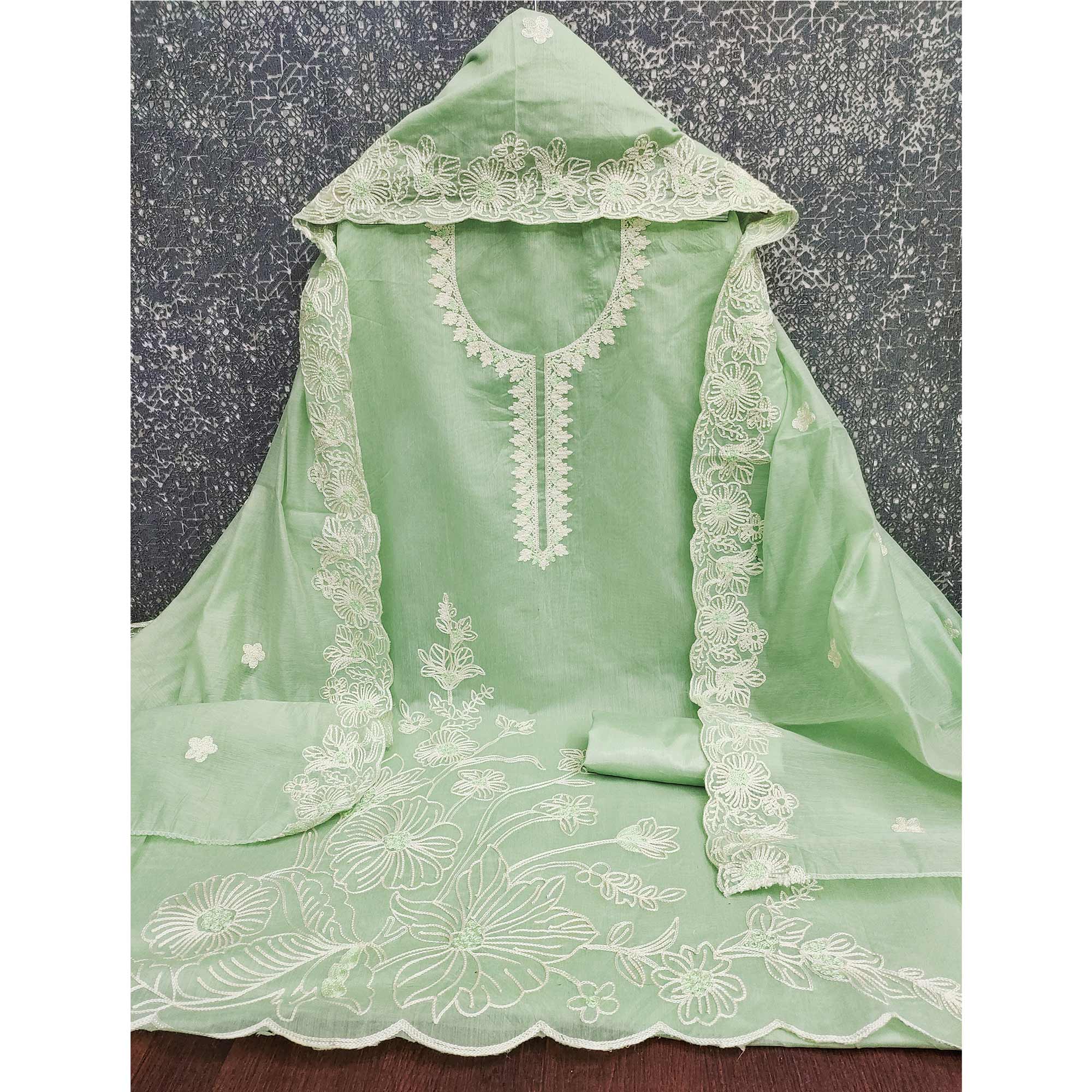 Green Chanderi Silk Dress Material Enhanced With Floral Thread Embroidered Work