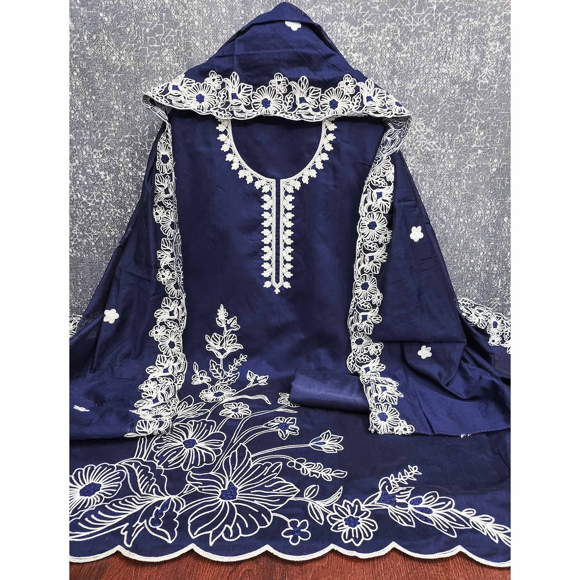 Navy Blue Chanderi Silk Dress Material Enhanced With Floral Thread Embroidered Work