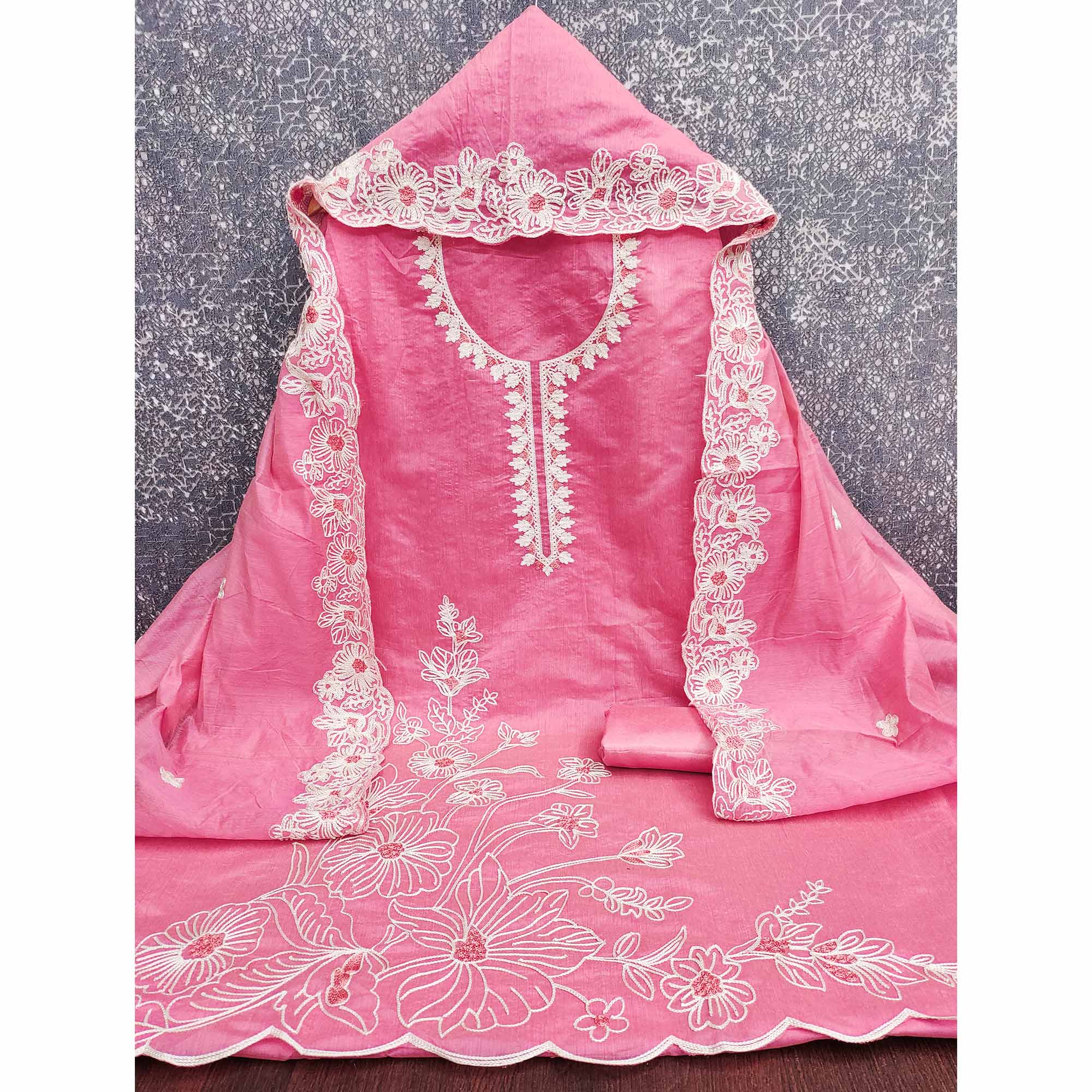 Pink Chanderi Silk Dress Material Enhanced With Floral Thread Embroidered Work