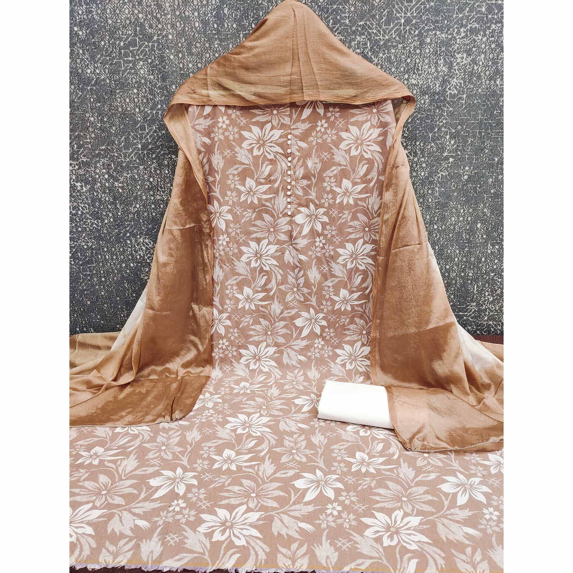 Brown Cotton Blend Dress Material Adorned With Floral Printed Work