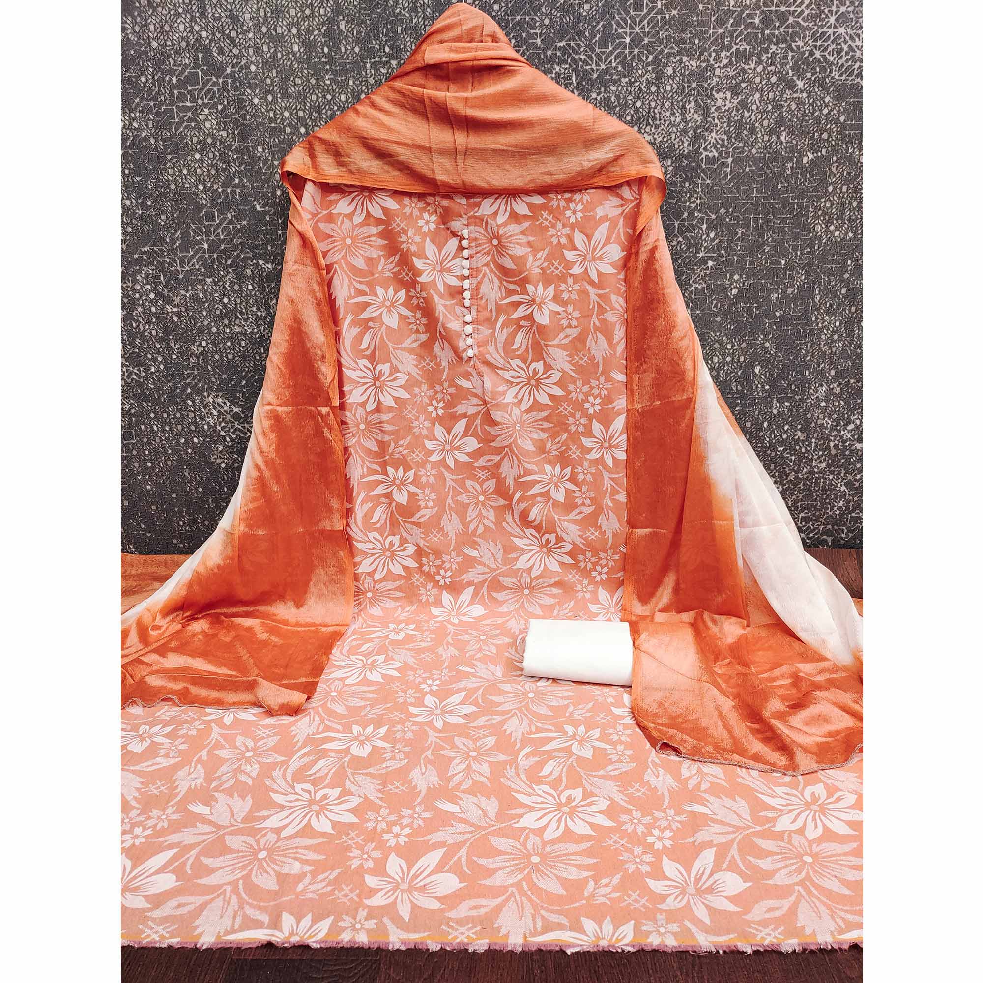 Peach Cotton Blend Dress Material Adorned With Floral Printed Work