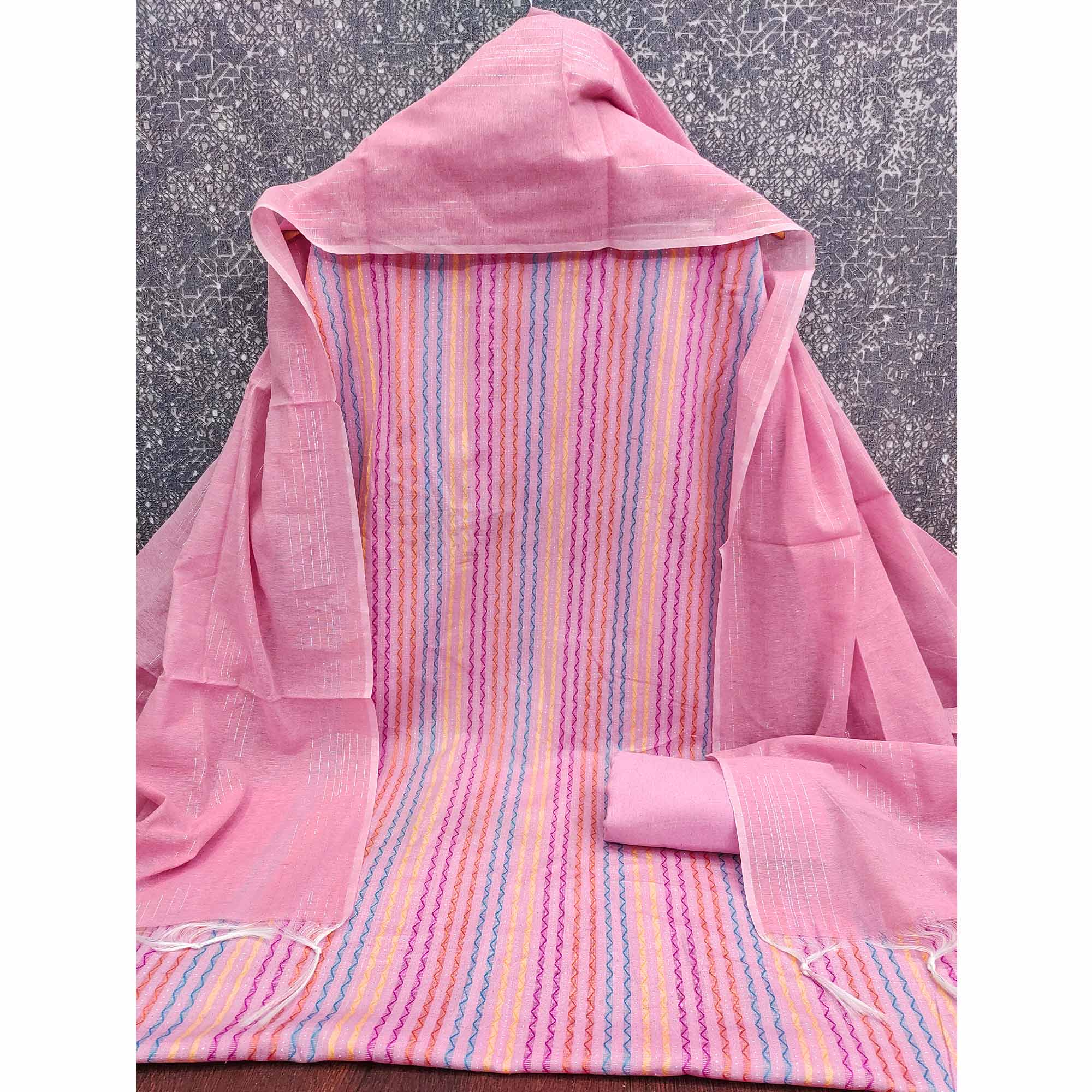 Pink Poly Cotton Blend Dress Material Highlighted With Striped Woven Work