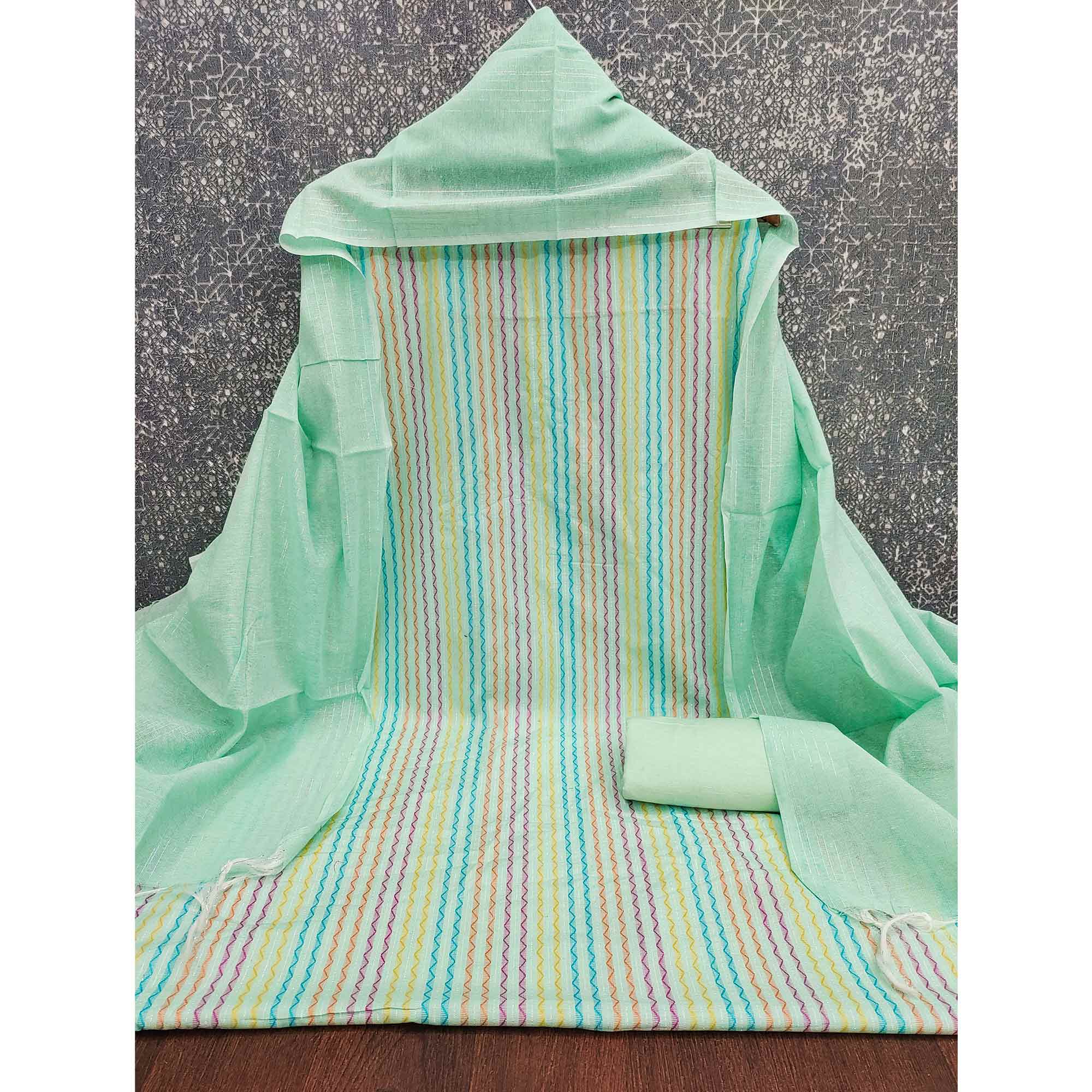 Sea Green Poly Cotton Blend Dress Material Highlighted With Striped Woven Work