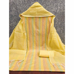 Yellow Poly Cotton Blend Dress Material Highlighted With Striped Woven Work