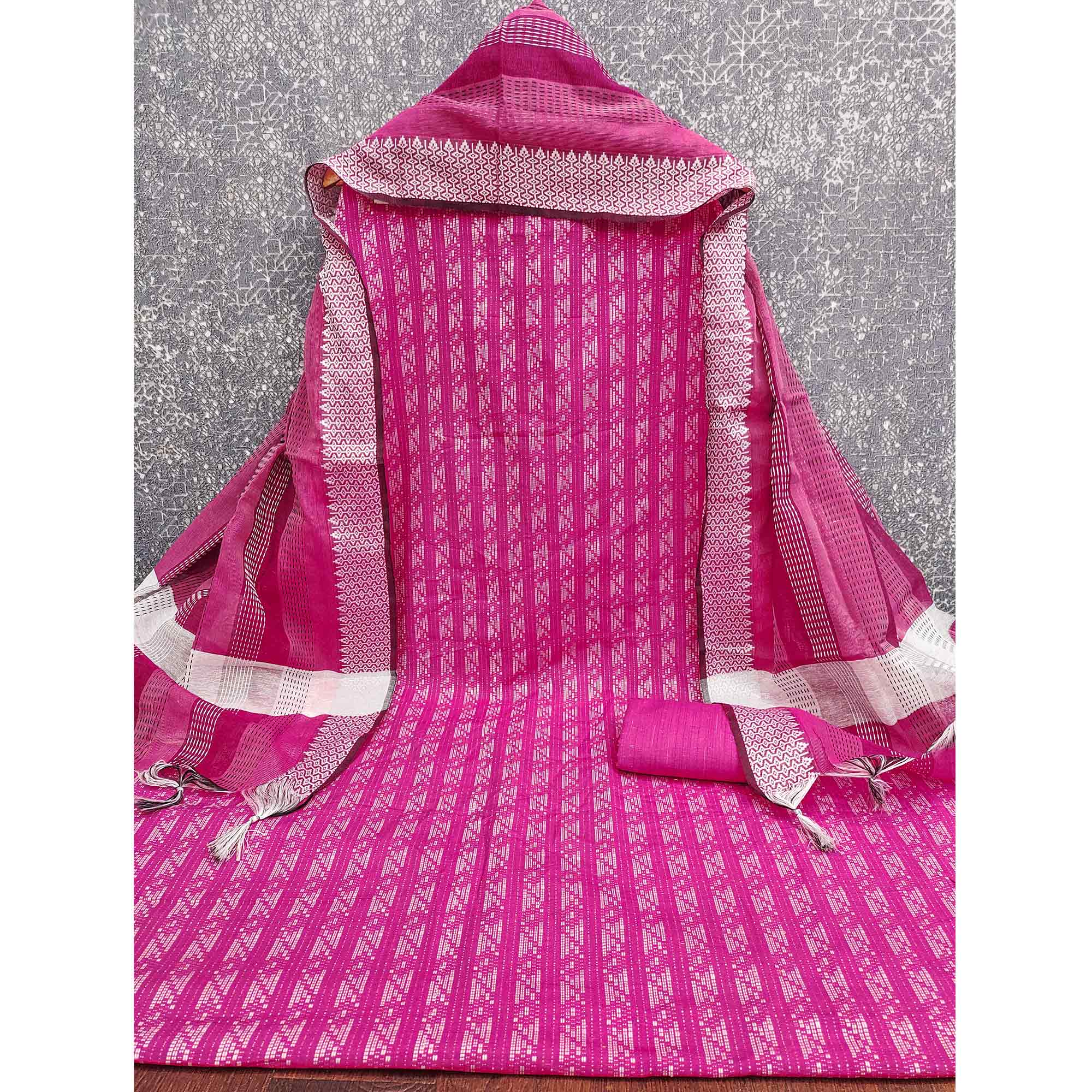 Pink Poly Cotton Blend Dress Material With Striped Pattern Weaving Work