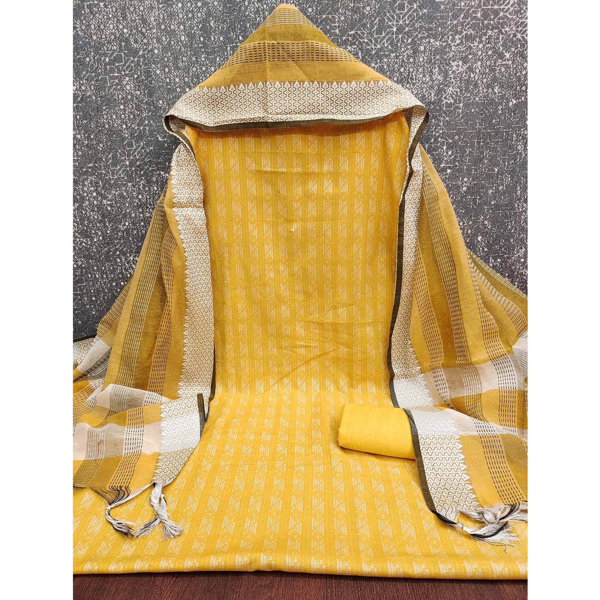 Yellow Poly Cotton Blend Dress Material With Striped Pattern Weaving Work